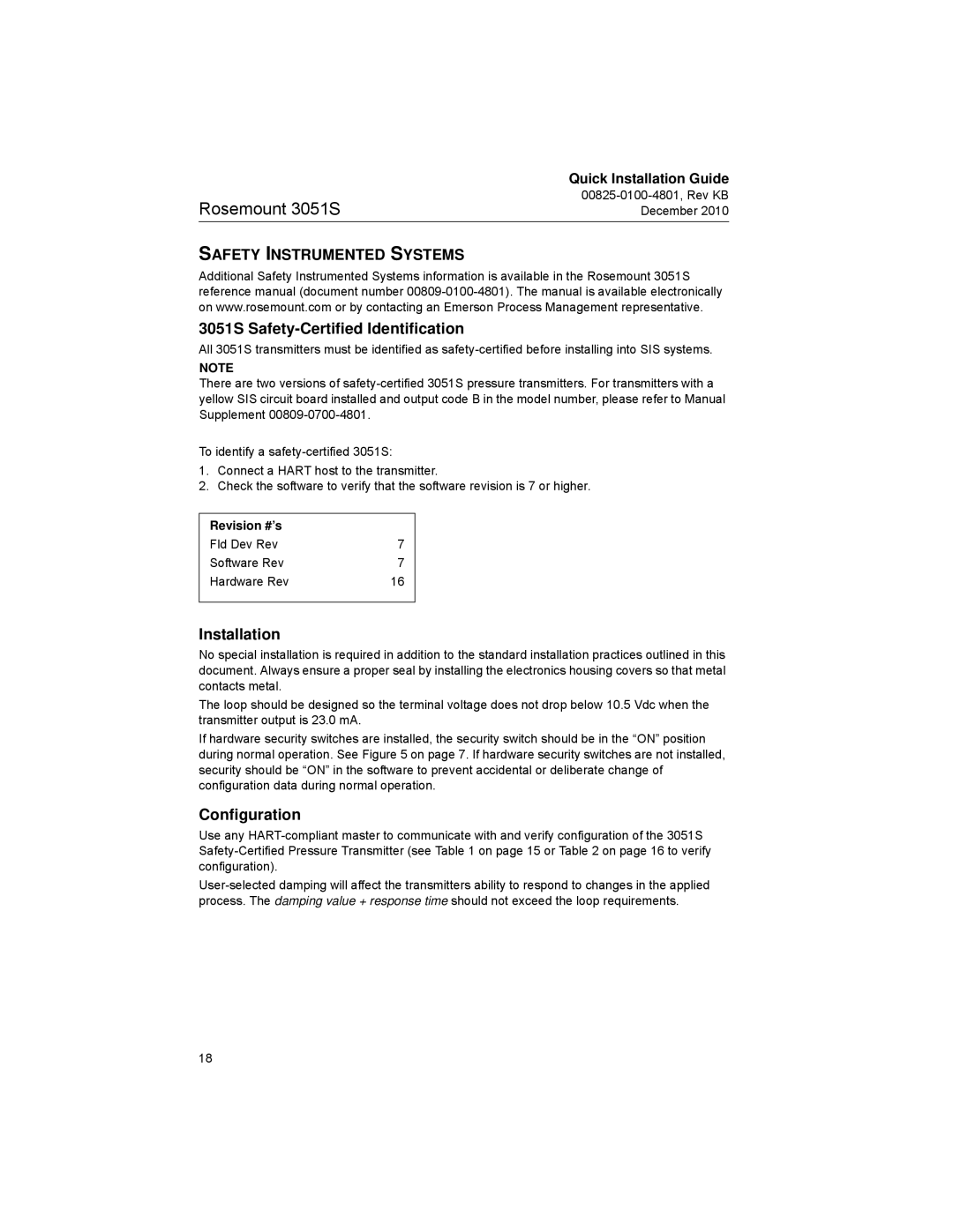 Emerson Safety Instrumented Systems, 3051S Safety-Certified Identification, Installation, Configuration, Revision #’s 