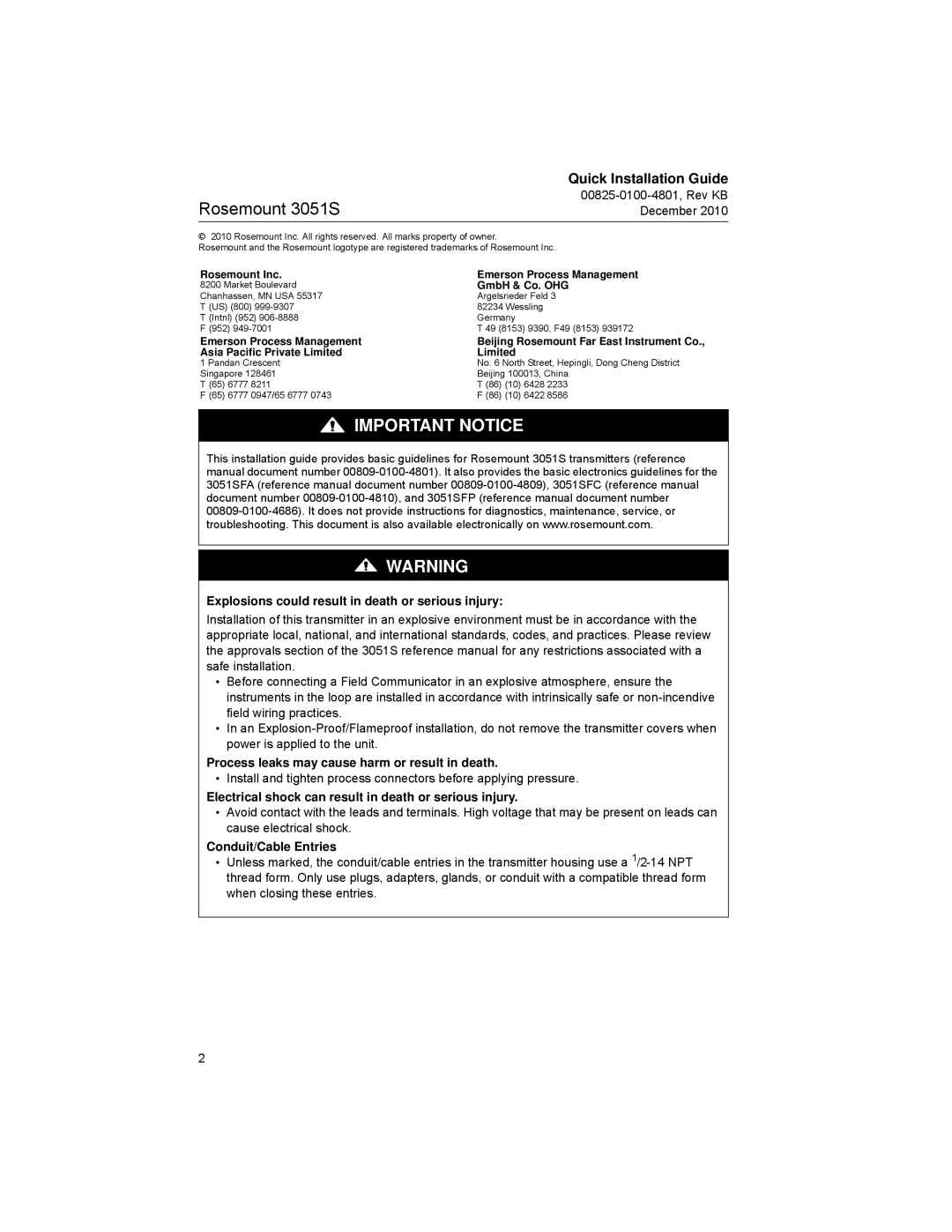 Emerson 3051SF Explosions could result in death or serious injury, Process leaks may cause harm or result in death 