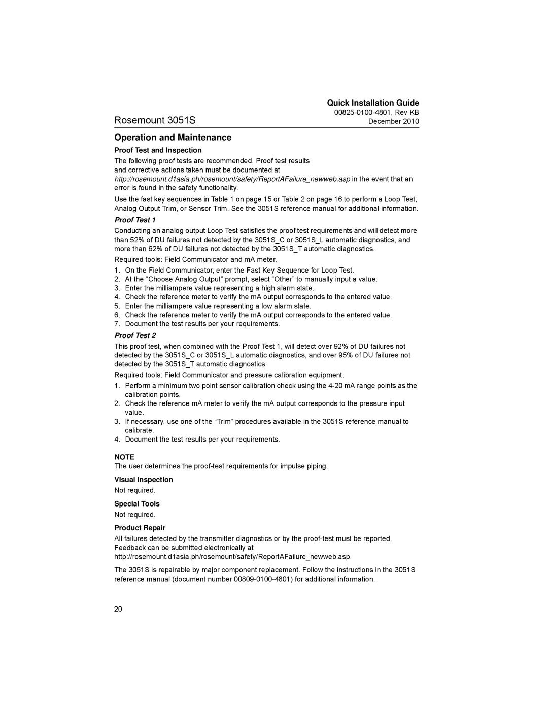 Emerson 3051S manual Operation and Maintenance, Proof Test and Inspection, Visual Inspection, Special Tools, Product Repair 