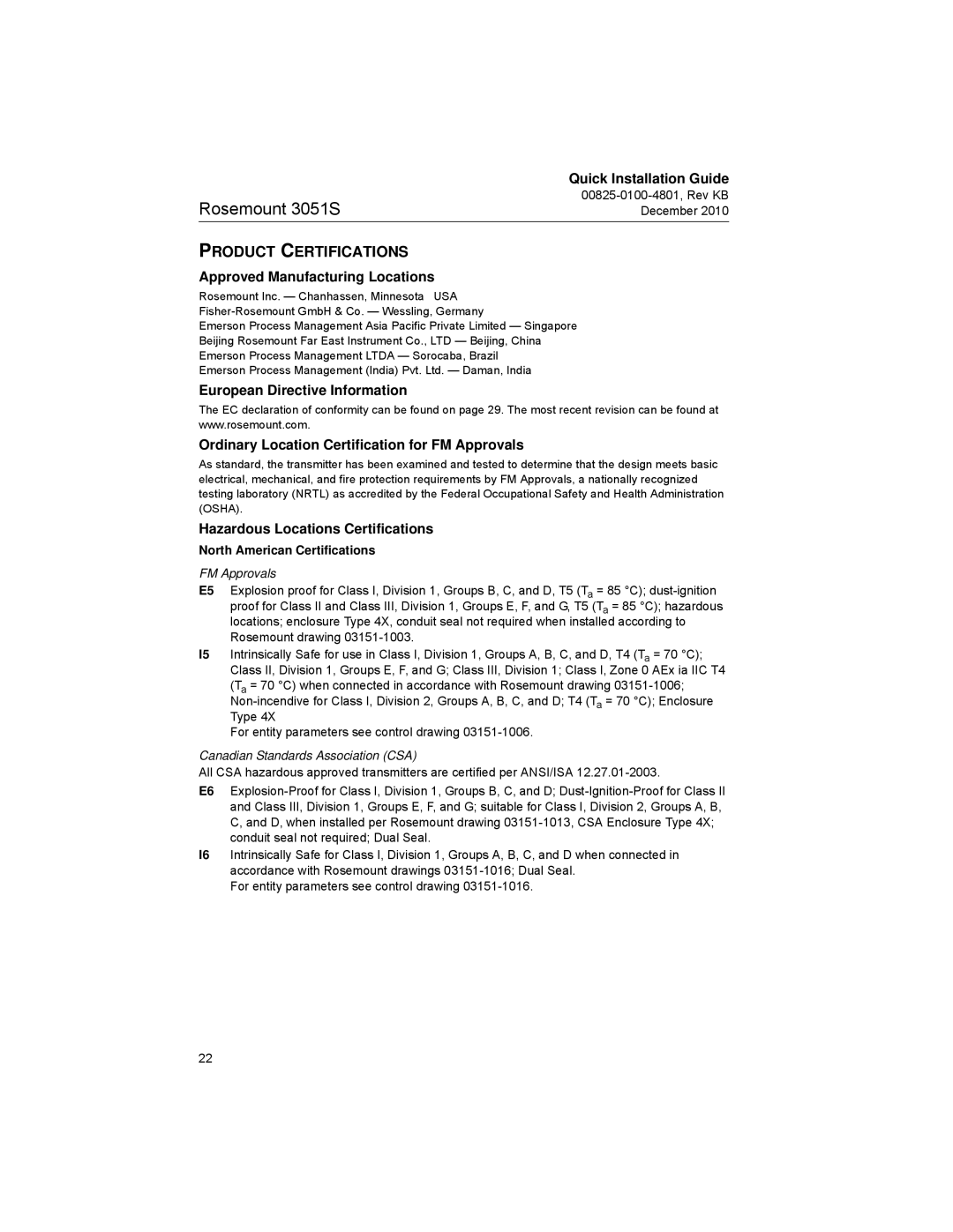 Emerson 3051SF manual Product Certifications, Approved Manufacturing Locations, Hazardous Locations Certifications 