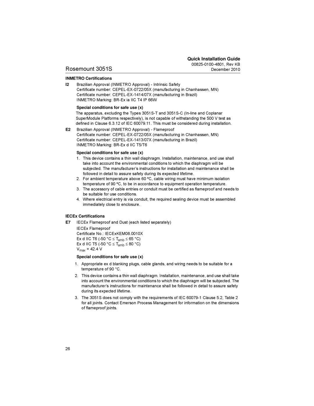 Emerson 3051SF manual Inmetro Certifications, IECEx Certifications 