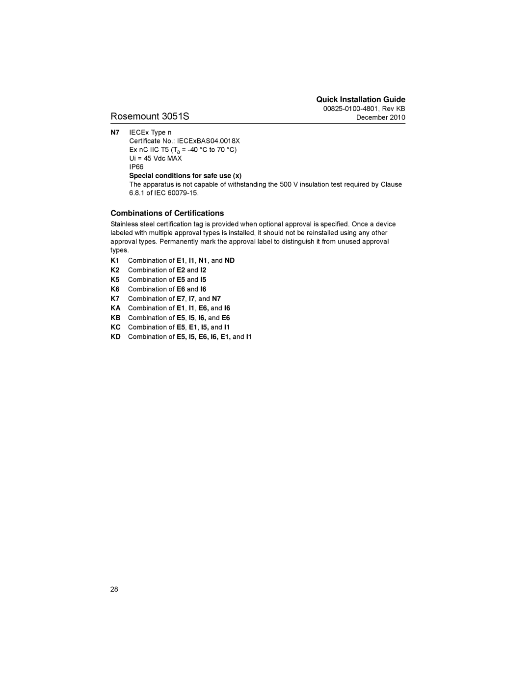 Emerson 3051SF manual Combinations of Certifications, KD Combination of E5, I5, E6, I6, E1 