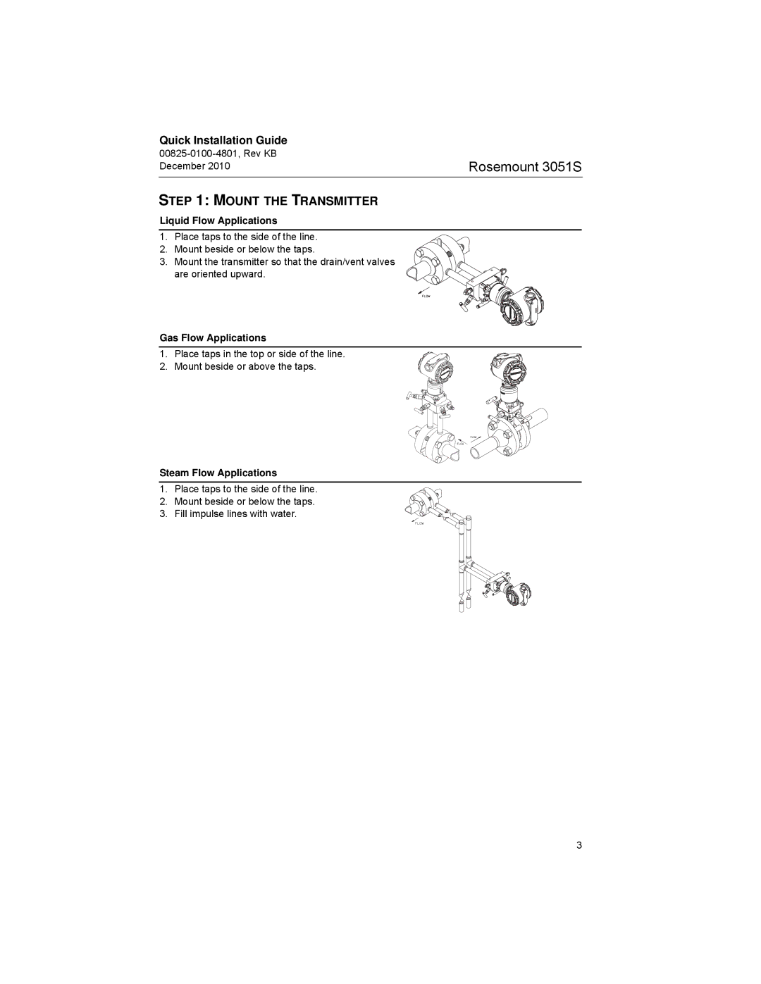 Emerson 3051SF manual Mount the Transmitter, Liquid Flow Applications, Gas Flow Applications, Steam Flow Applications 