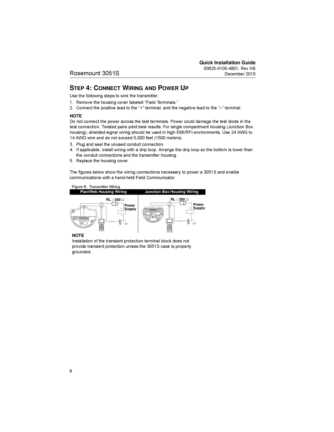 Emerson 3051SF manual Connect Wiring and Power UP, PlantWeb Housing Wiring Junction Box Housing Wiring 