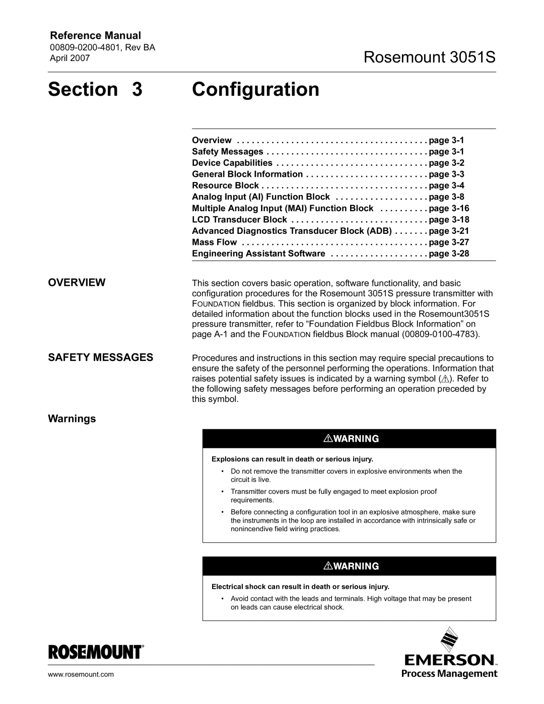 Emerson 3051S manual Reference Manual, Overview Safety Messages 