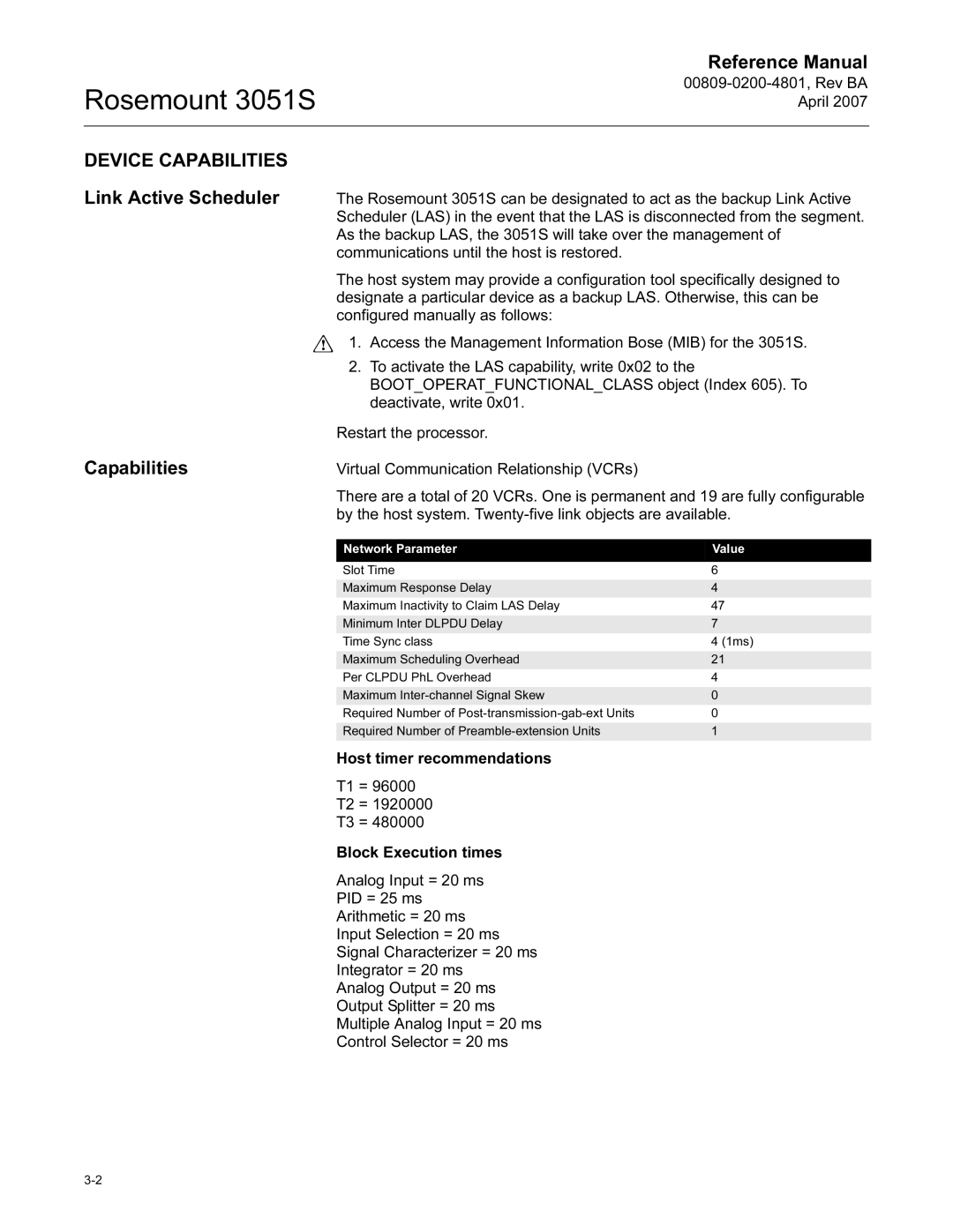 Emerson 3051S manual Device Capabilities Link Active Scheduler, Network Parameter Value 