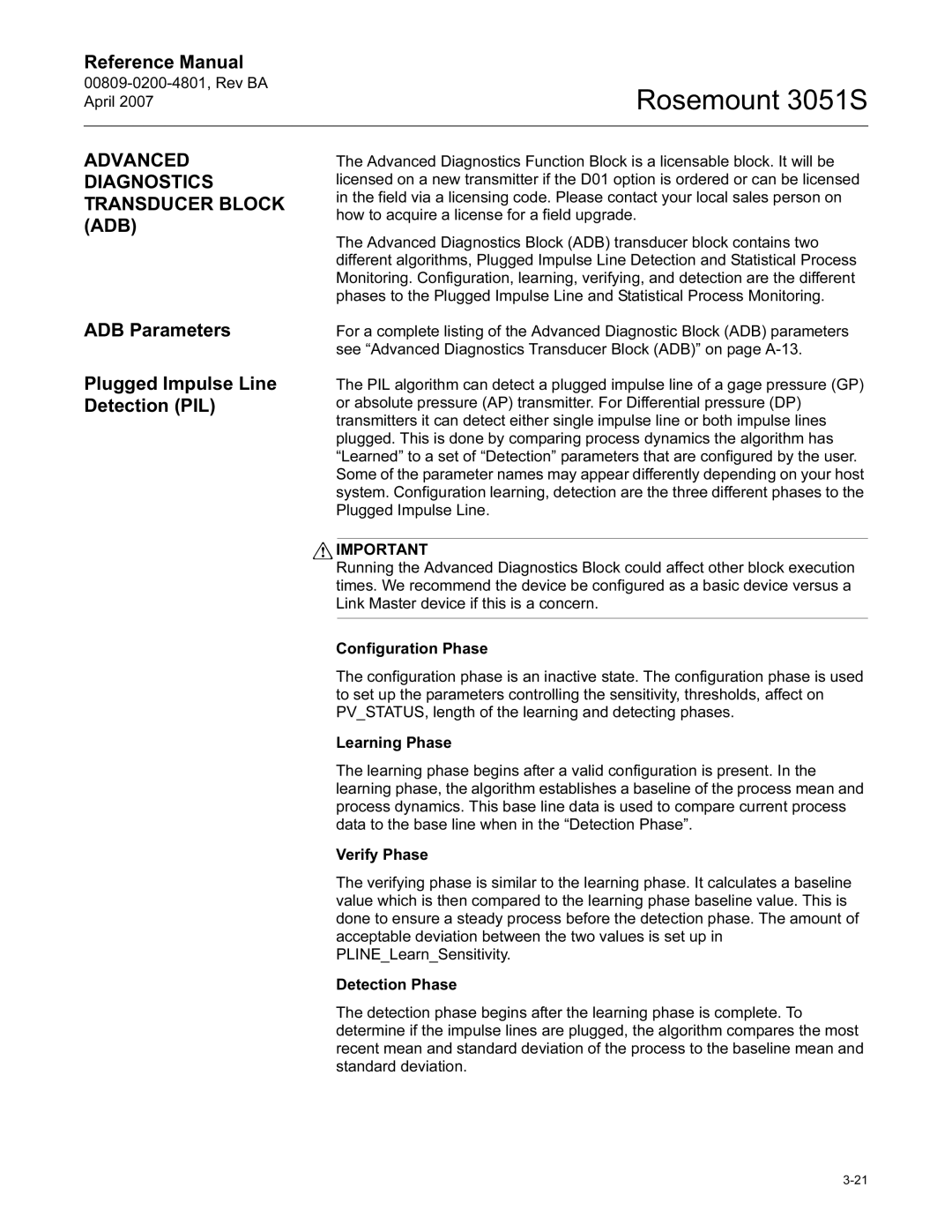 Emerson 3051S manual Advanced Diagnostics Transducer Block ADB, ADB Parameters Plugged Impulse Line Detection PIL 