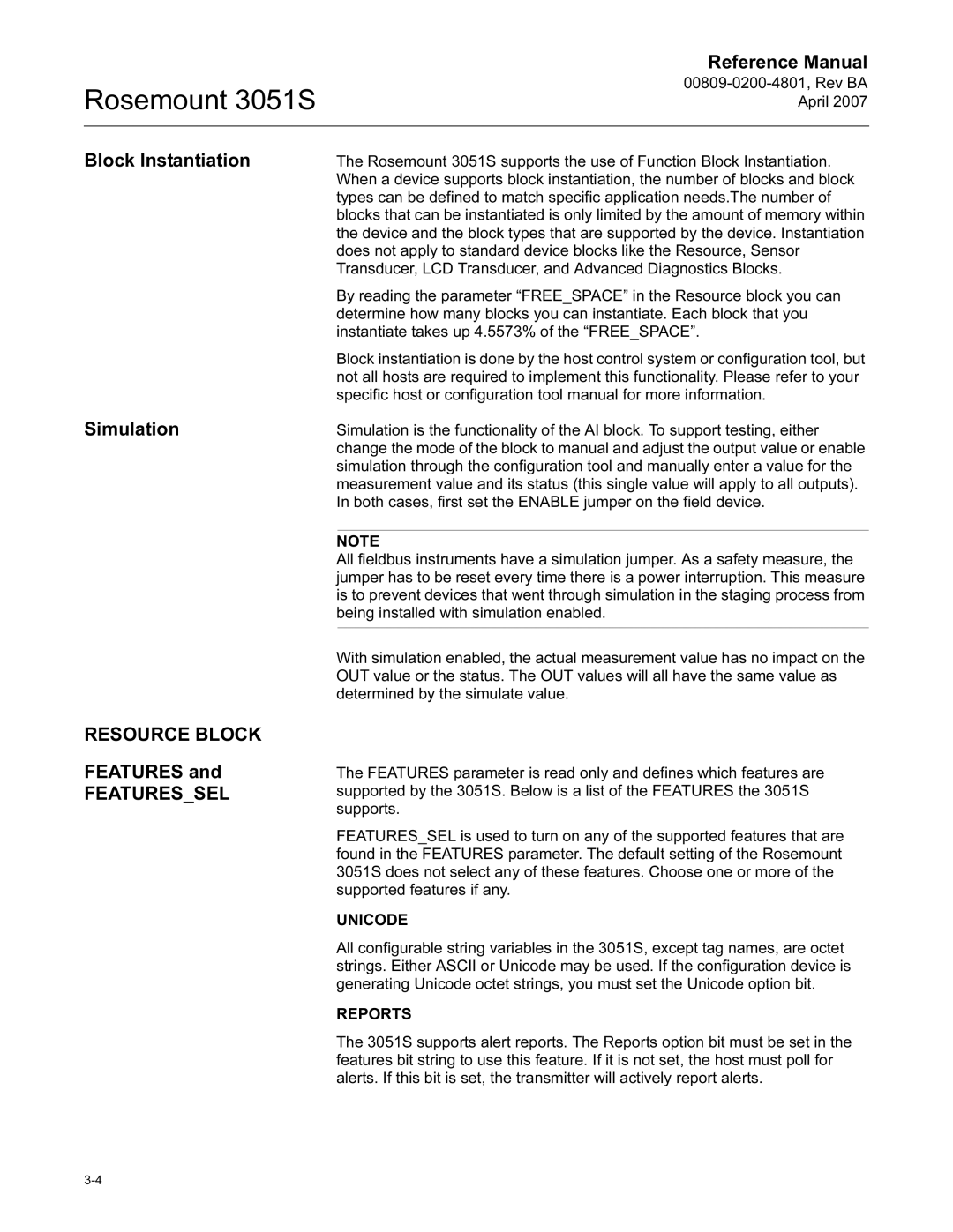 Emerson 3051S manual Block Instantiation Simulation, Resource Block, Featuressel 