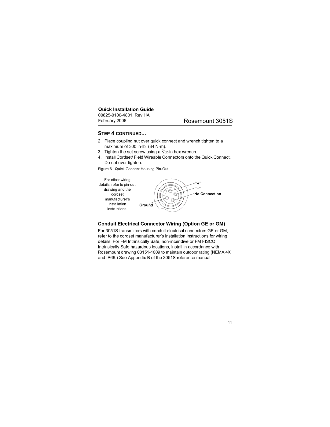 Emerson 3051S manual Conduit Electrical Connector Wiring Option GE or GM, Quick Connect Housing Pin-Out For other wiring 