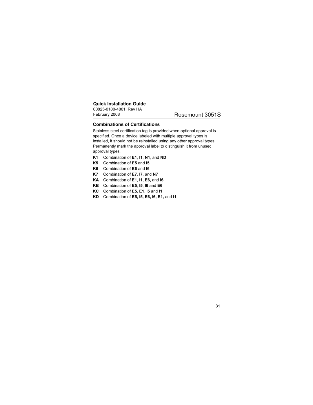 Emerson 3051S manual Combinations of Certifications 