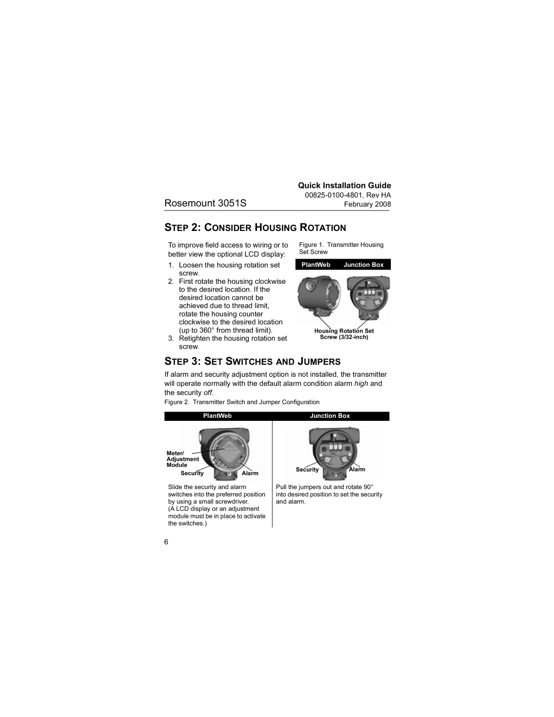 Emerson 3051S manual Consider Housing Rotation, SET Switches and Jumpers, PlantWeb Junction Box 