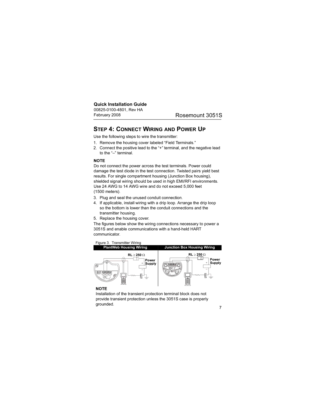 Emerson 3051S manual Connect Wiring and Power UP, PlantWeb Housing Wiring, Junction Box Housing Wiring 