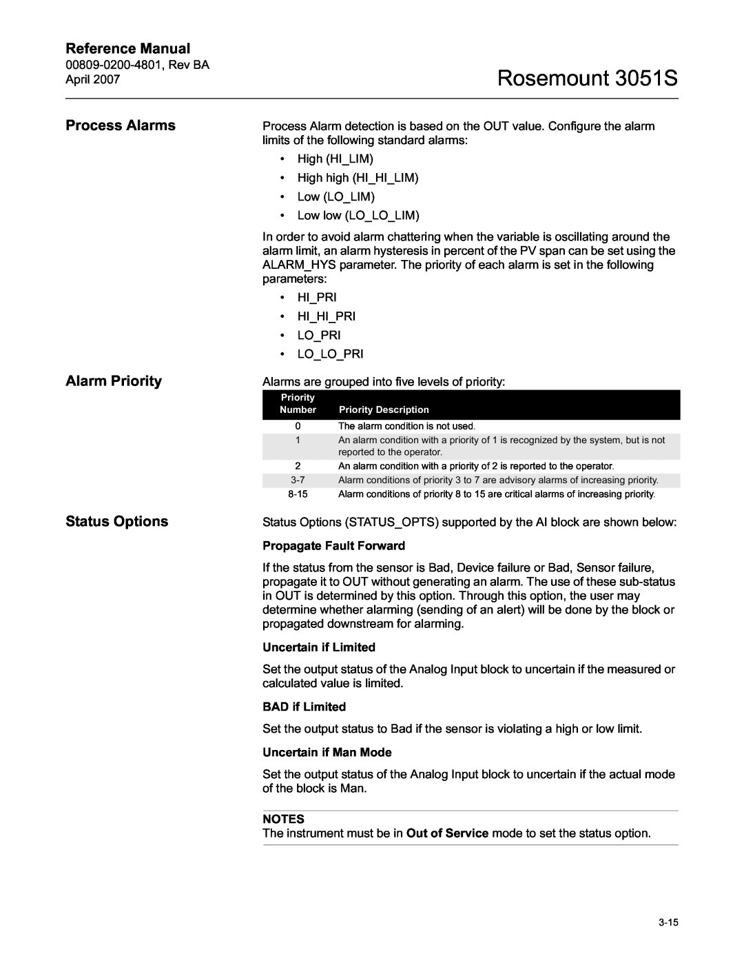 Emerson manual Process Alarms, Alarm Priority, Status Options, Rosemount 3051S, Reference Manual 