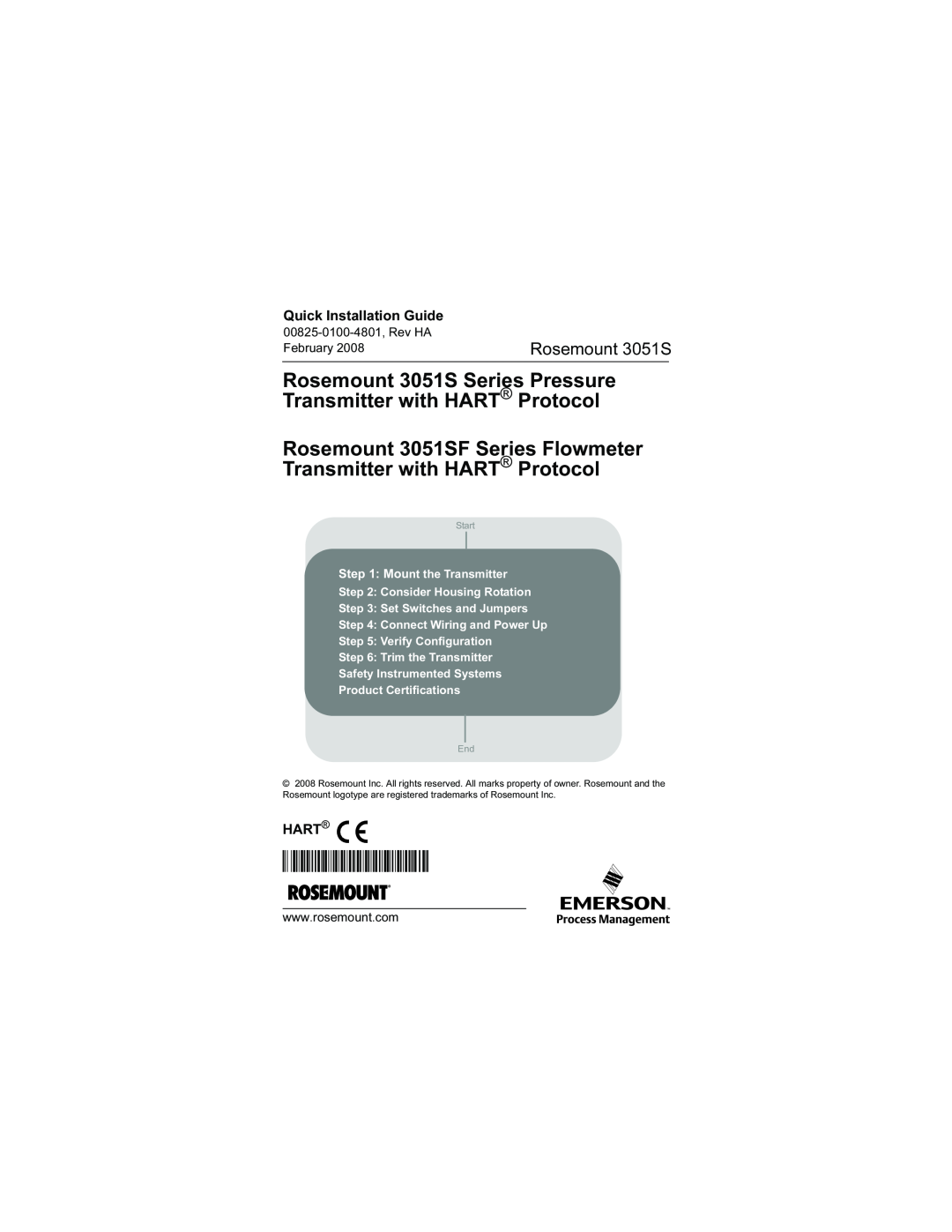 Emerson manual Rosemount 3051S, Quick Installation Guide, Hart, ¢00825-0100-4801J¤ 