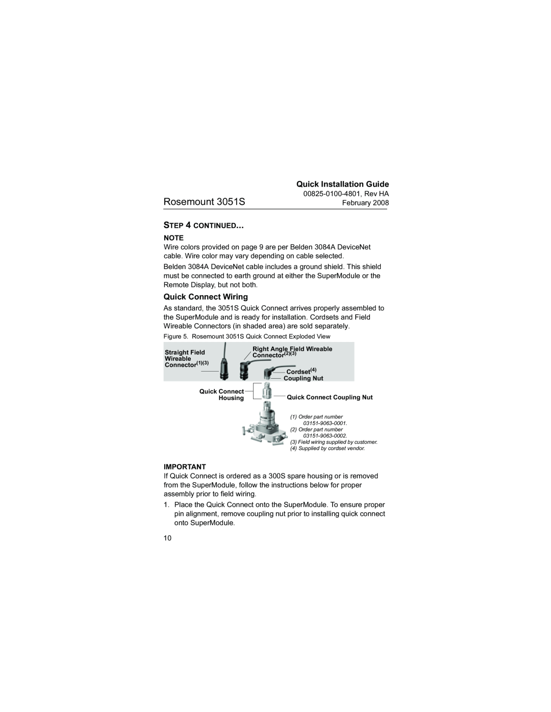 Emerson manual Quick Connect Wiring, Rosemount 3051S, Quick Installation Guide, Order part number 2 Order part number 