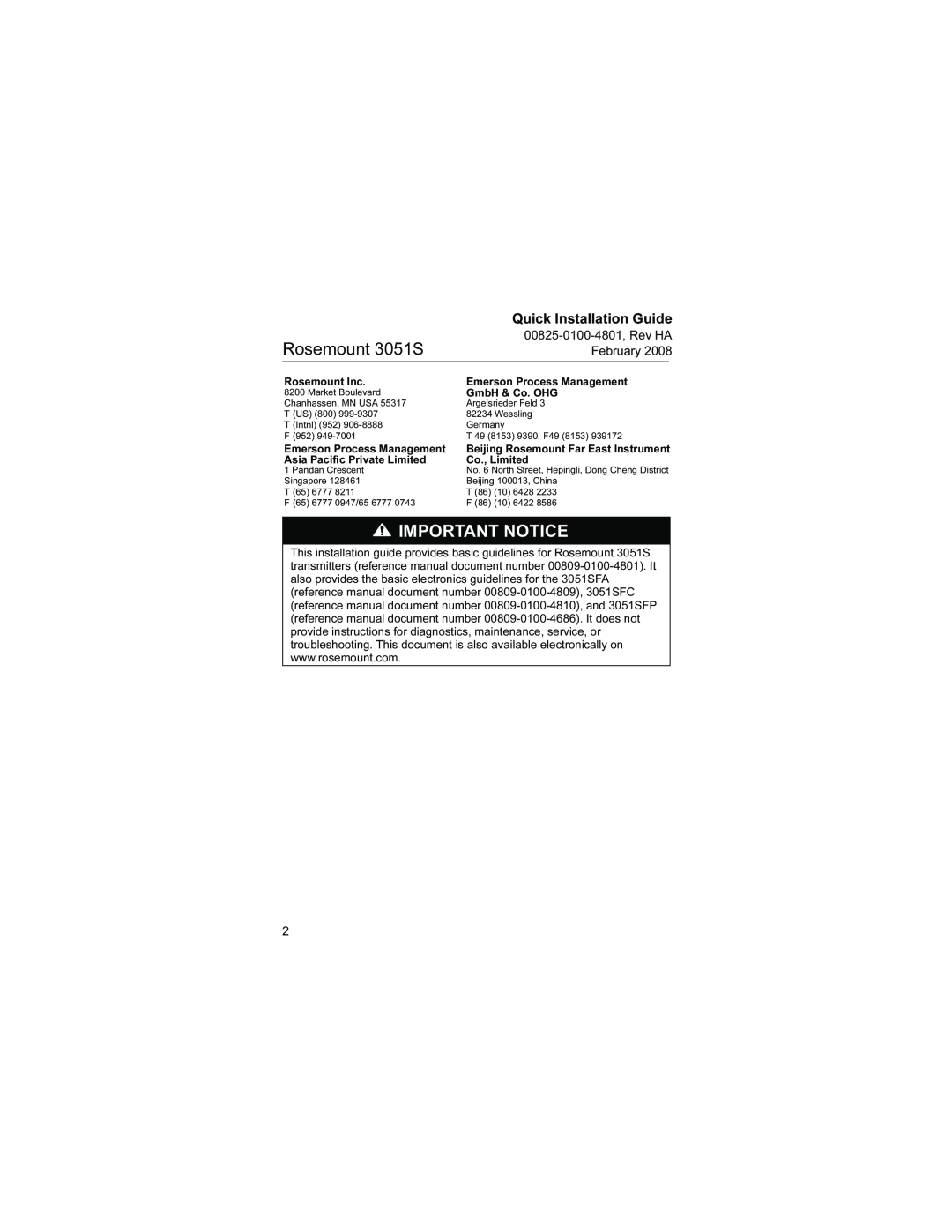 Emerson manual Rosemount 3051S, Important Notice, Quick Installation Guide, 00825-0100-4801, Rev HA February 
