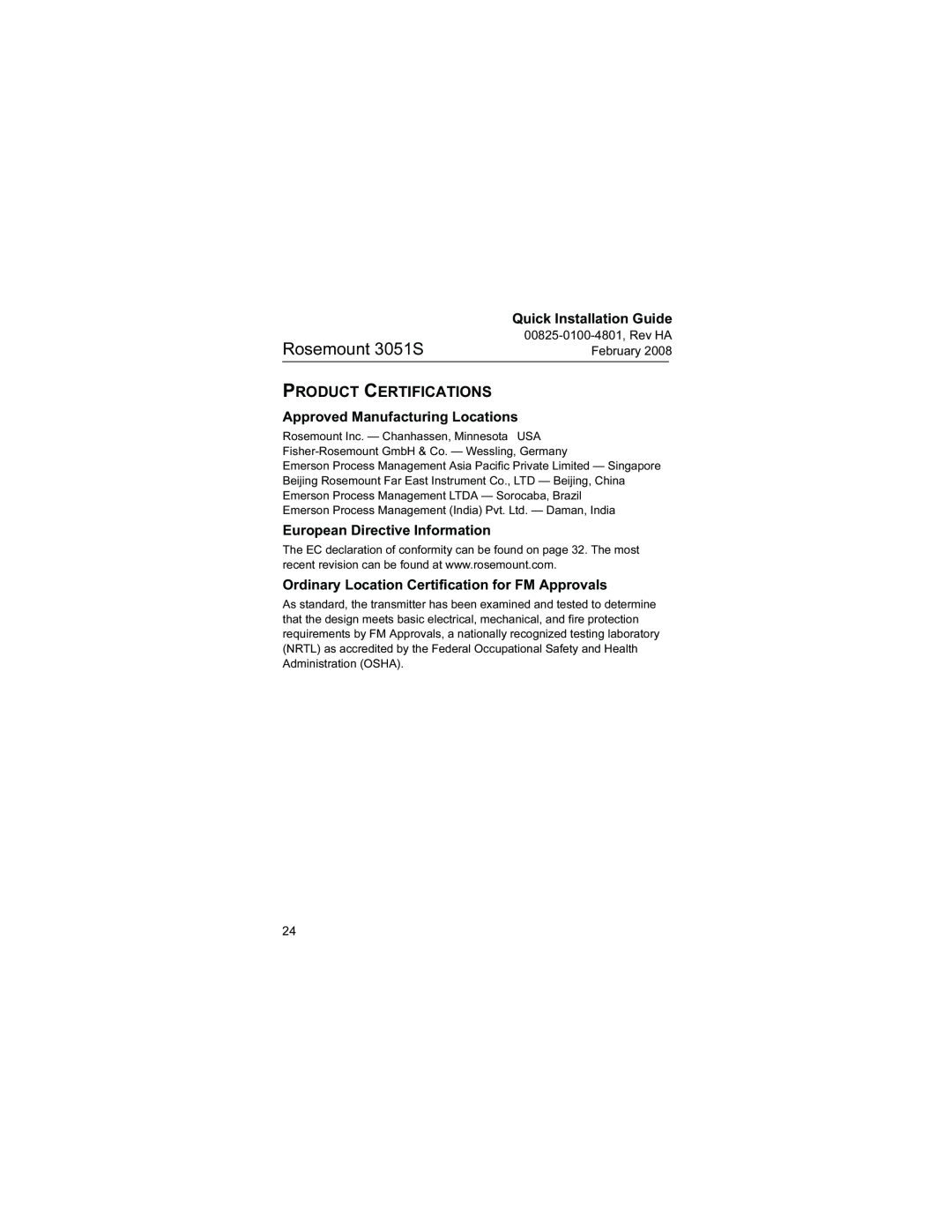 Emerson manual Product Certifications, Approved Manufacturing Locations, European Directive Information, Rosemount 3051S 