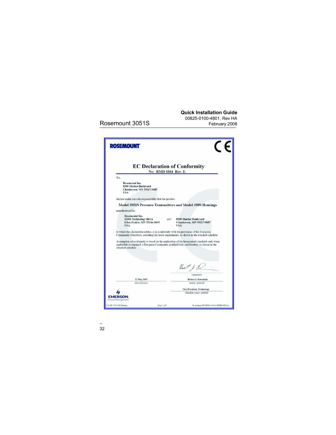 Emerson manual 32DOC, Rosemount 3051S, Quick Installation Guide, 00825-0100-4801, Rev HA February 