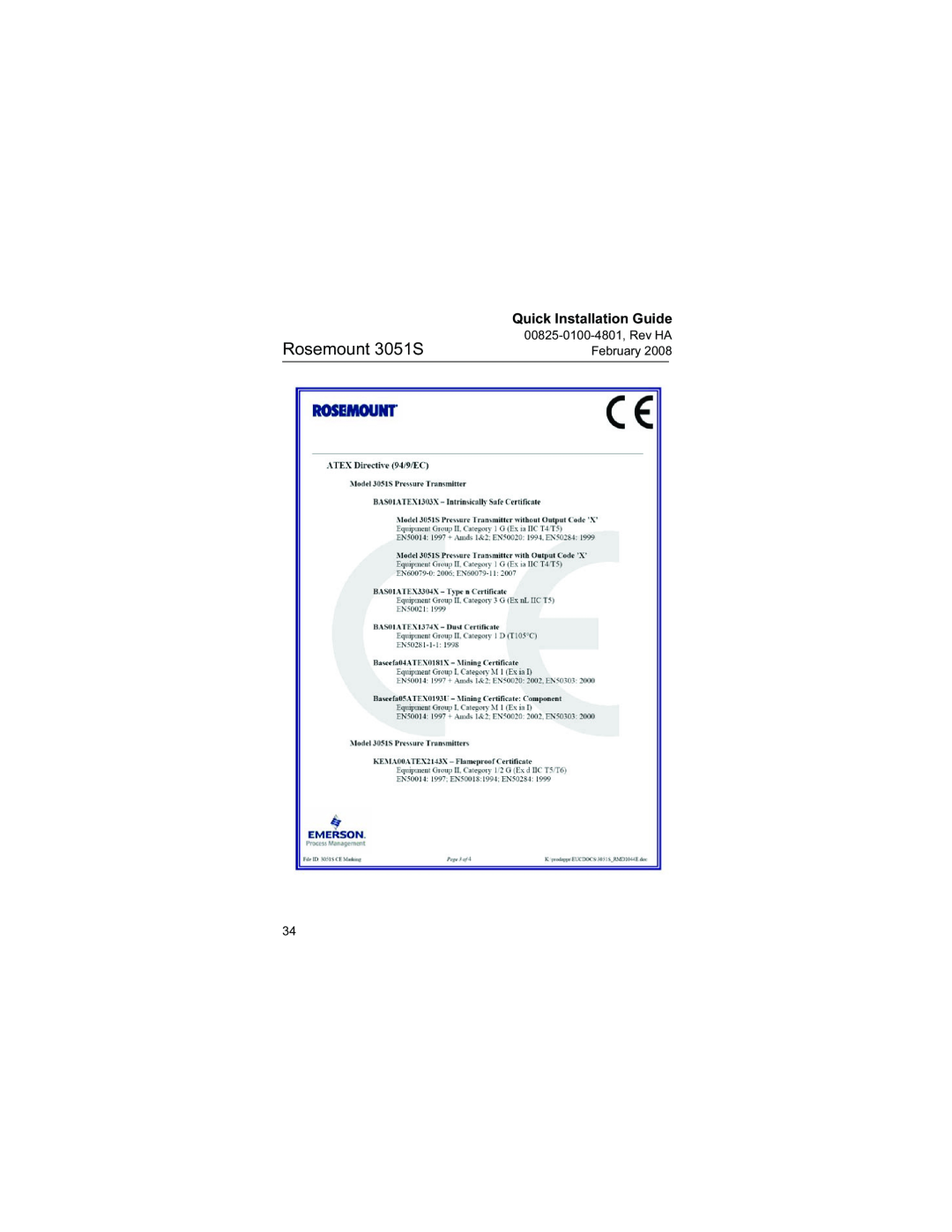 Emerson manual Rosemount 3051S, Quick Installation Guide, 00825-0100-4801, Rev HA February 