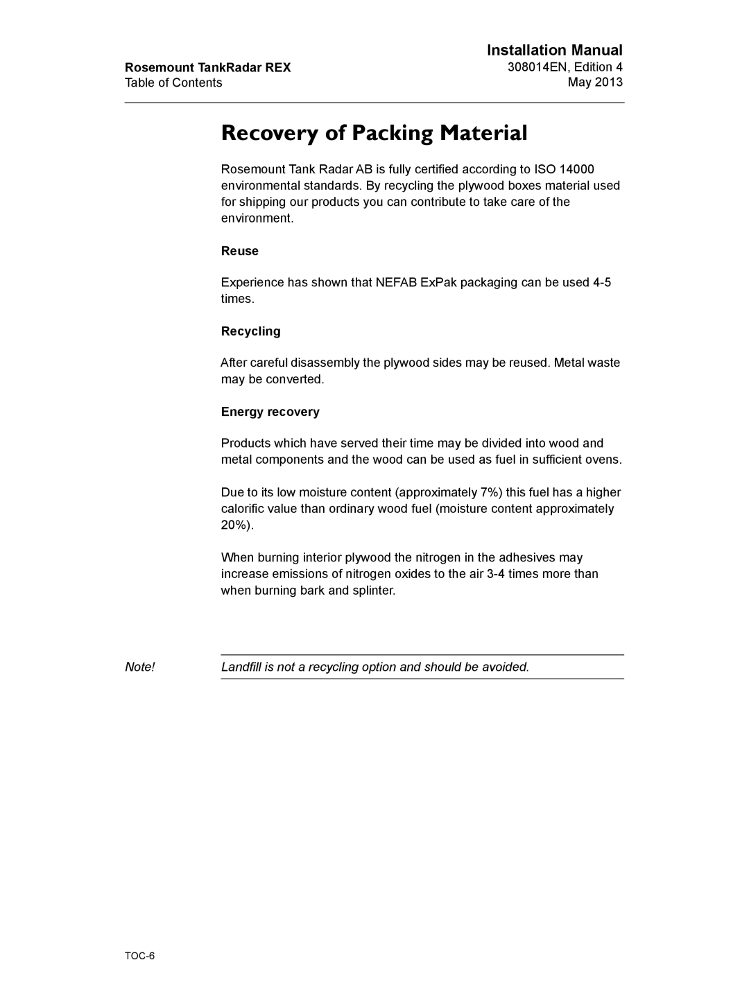 Emerson 308014EN, Edition 4 installation manual Recovery of Packing Material 