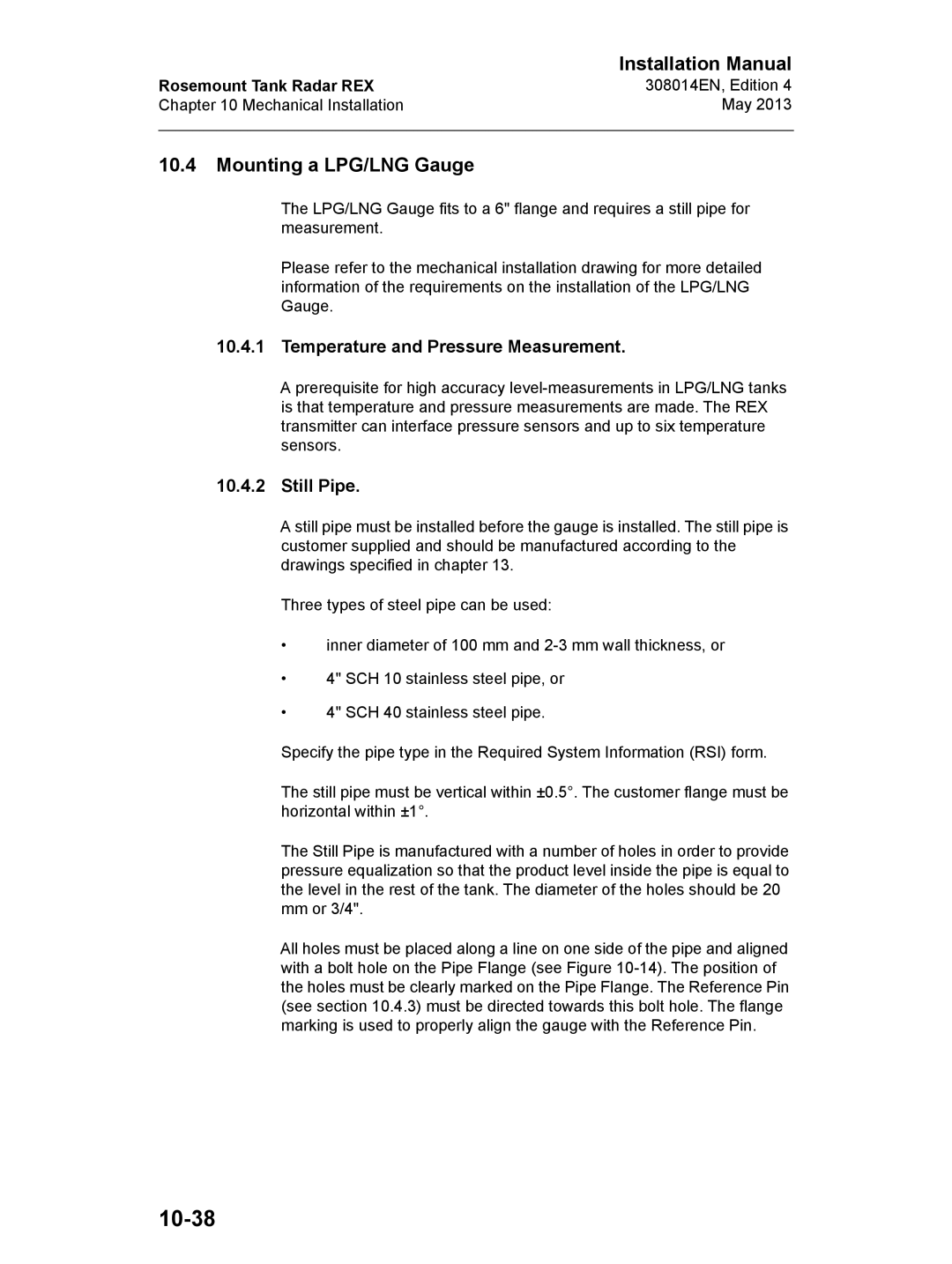 Emerson 308014EN, Edition 4 10-38, Mounting a LPG/LNG Gauge, Temperature and Pressure Measurement, Still Pipe 