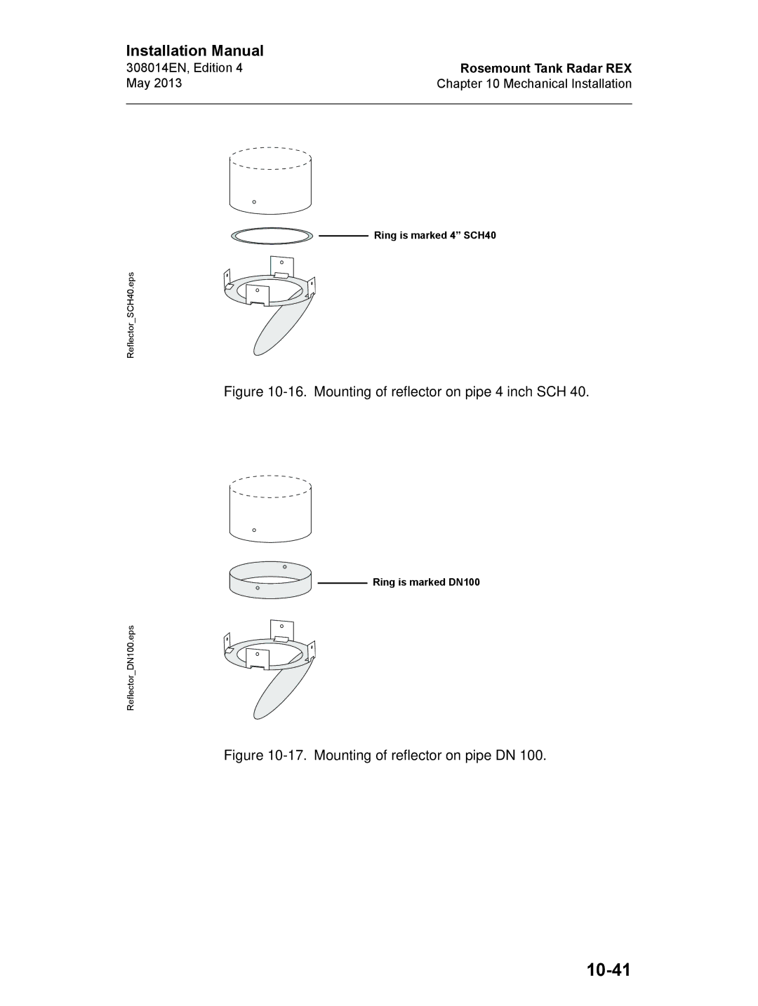 Emerson Edition 4, 308014EN installation manual 10-41, Mounting of reflector on pipe 4 inch SCH 