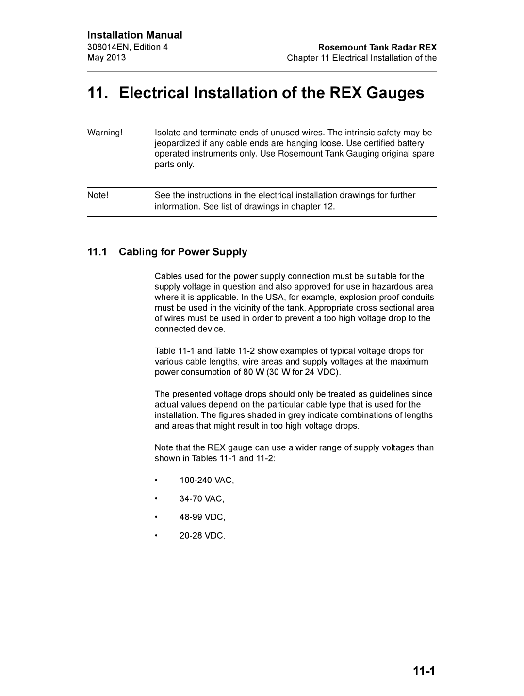 Emerson Edition 4, 308014EN installation manual Electrical Installation of the REX Gauges, 11-1, Cabling for Power Supply 