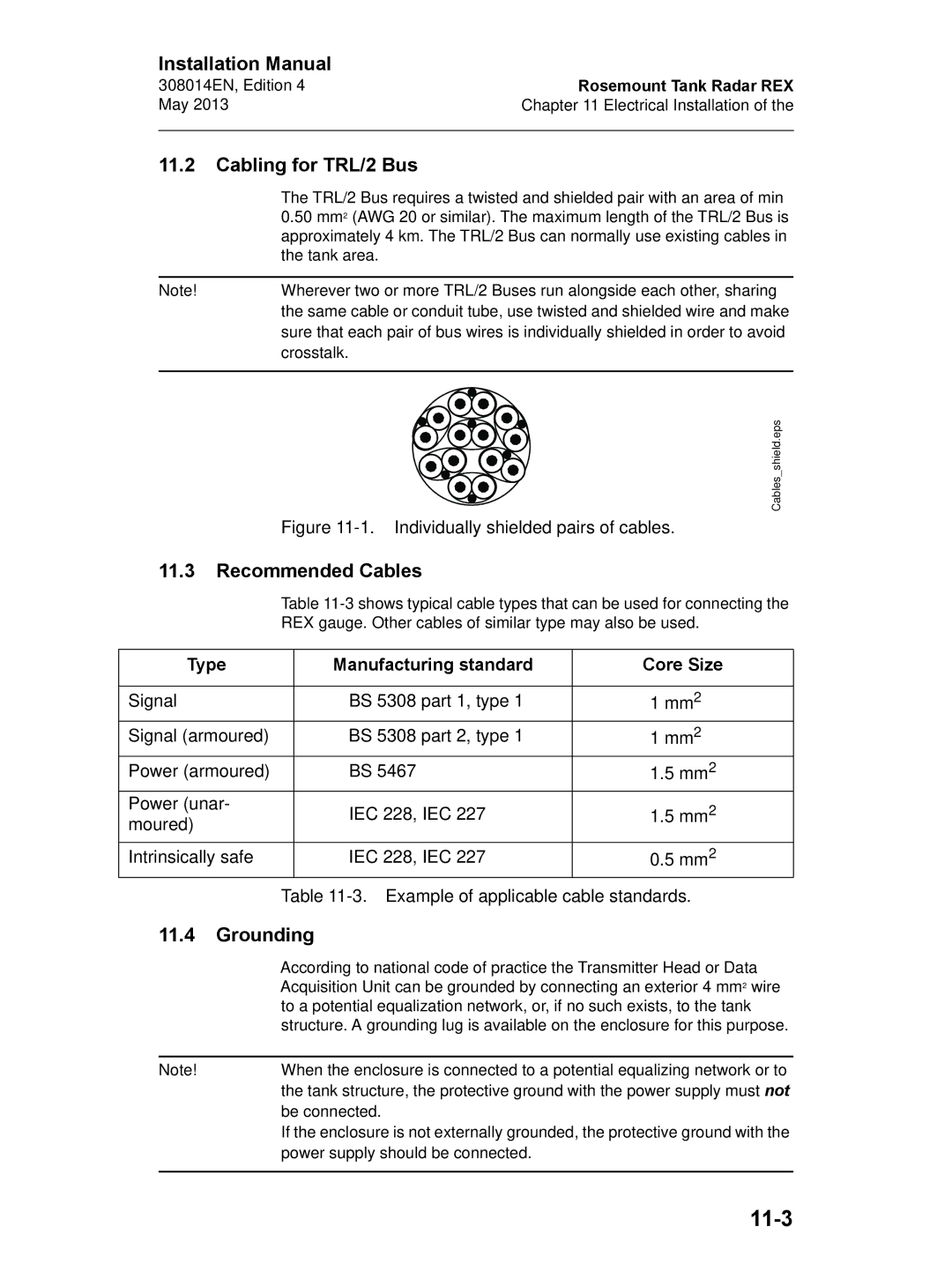 Emerson Edition 4, 308014EN installation manual 11-3, Cabling for TRL/2 Bus, Grounding 