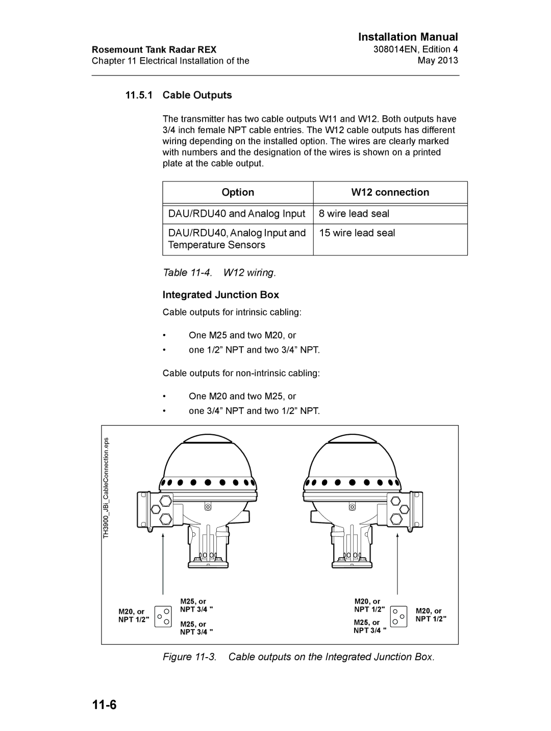 Emerson 308014EN, Edition 4 installation manual 11-6, Cable Outputs, Option W12 connection, Integrated Junction Box 