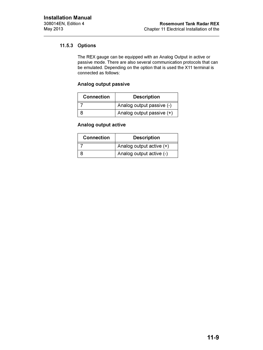 Emerson Edition 4 11-9, Options, Analog output passive Connection Description, Analog output active Connection Description 