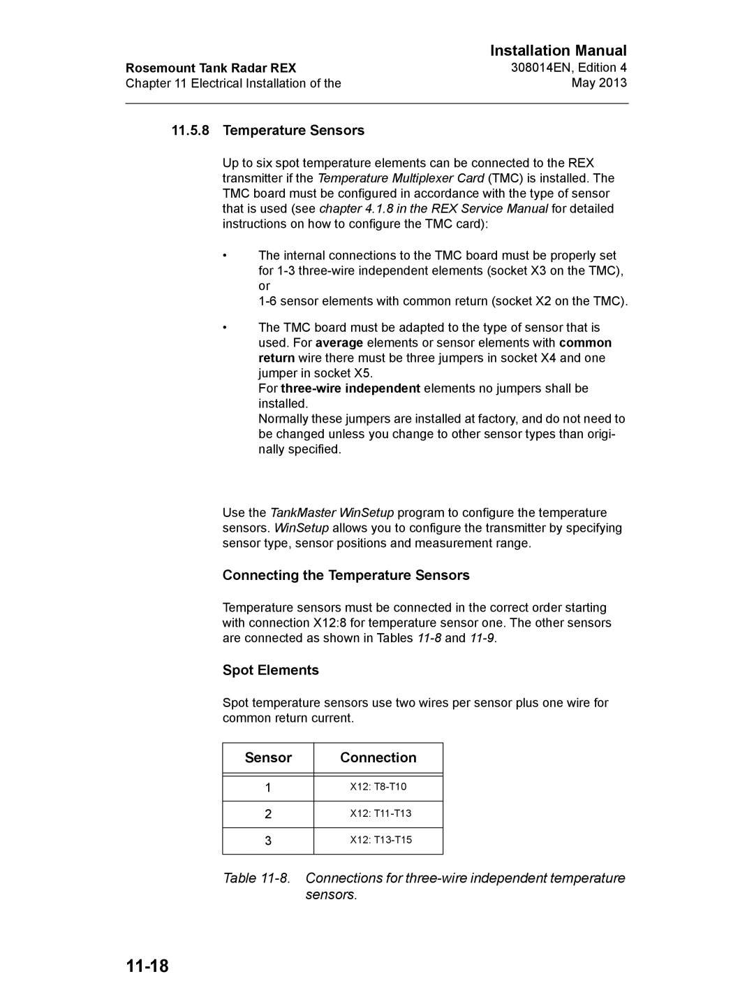 Emerson 308014EN, Edition 4 installation manual 11-18, Connecting the Temperature Sensors, Spot Elements 