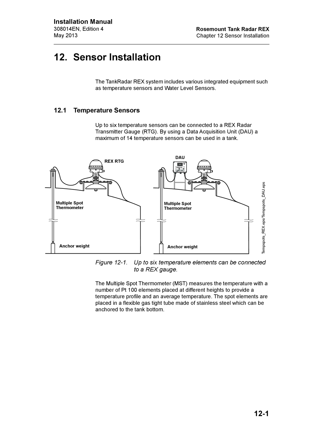 Emerson Edition 4, 308014EN installation manual Sensor Installation, 12-1, Temperature Sensors 