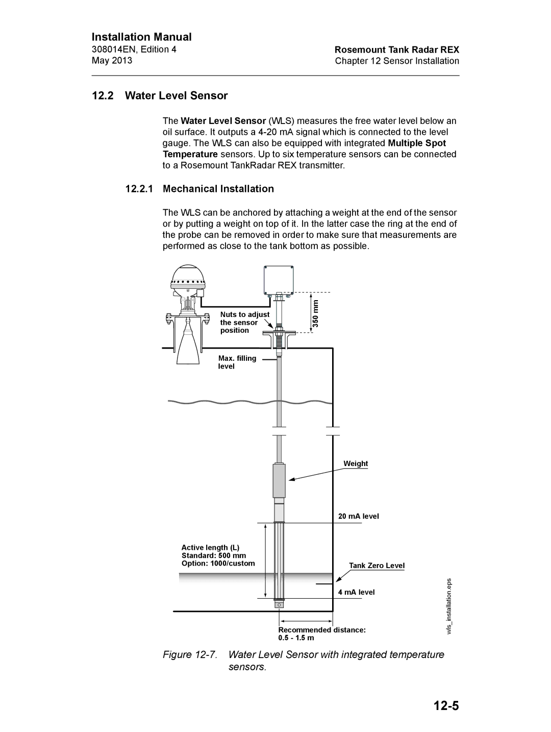 Emerson Edition 4, 308014EN installation manual 12-5, Water Level Sensor, Mechanical Installation 