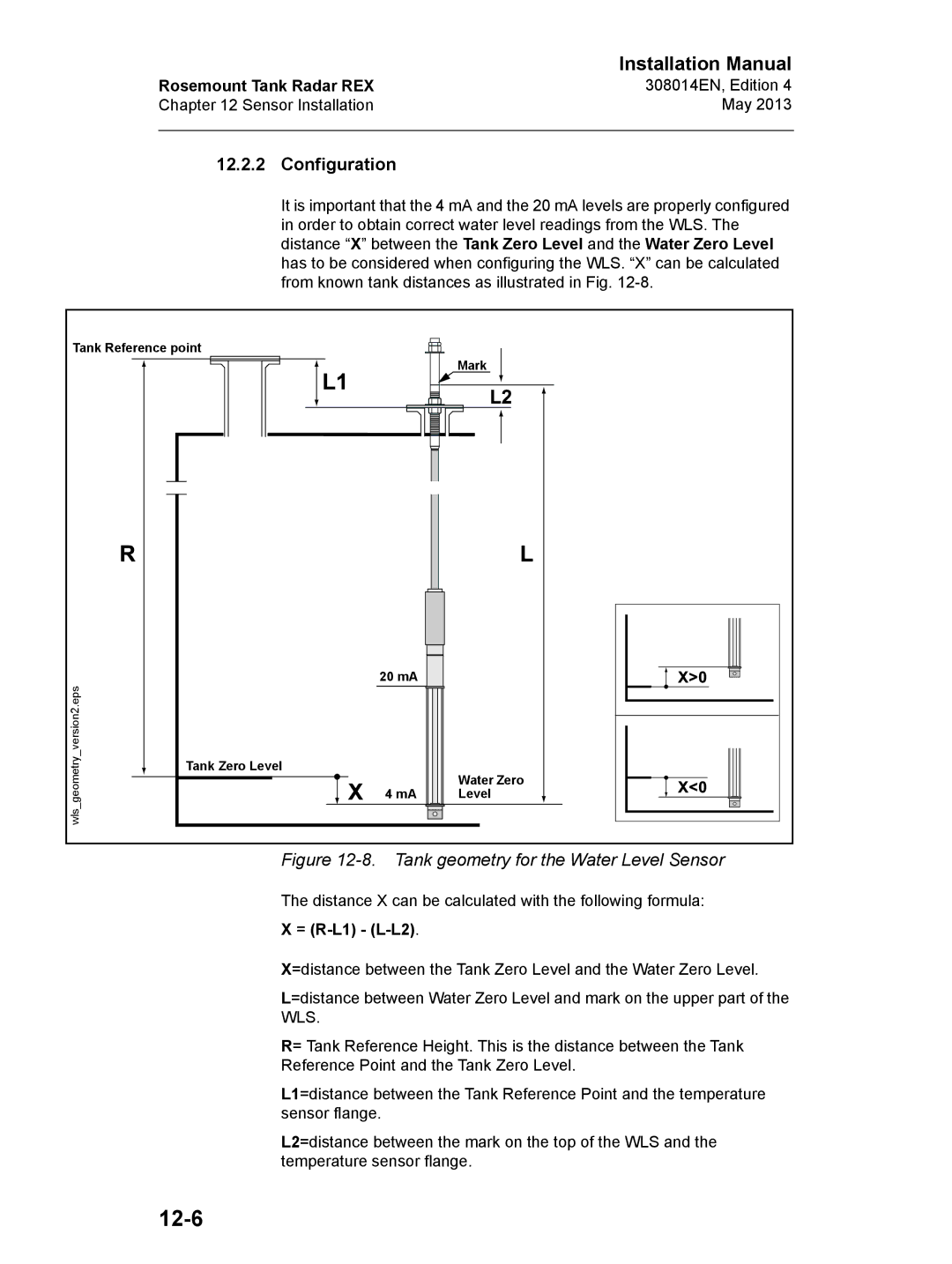 Emerson 308014EN, Edition 4 installation manual 12-6, Tank geometry for the Water Level Sensor 