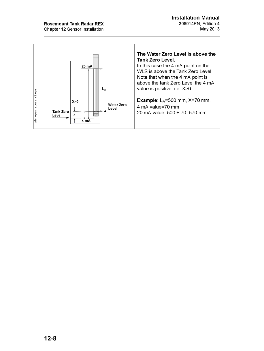 Emerson 308014EN, Edition 4 installation manual 12-8, Water Zero Level is above the Tank Zero Level 