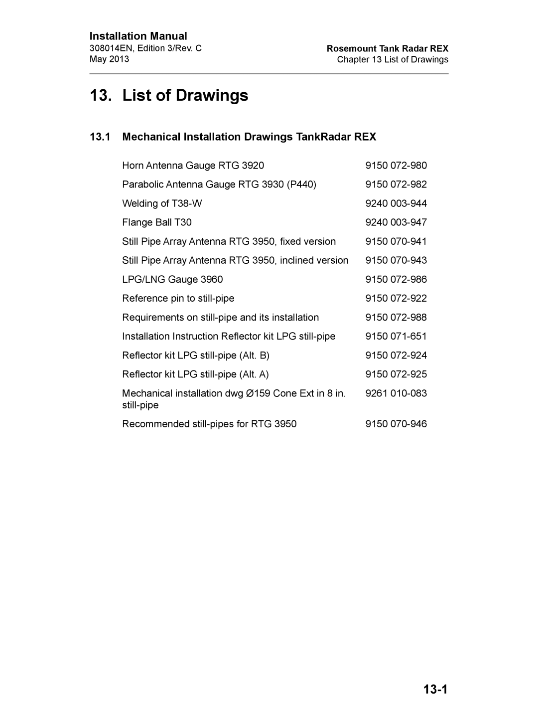 Emerson Edition 4, 308014EN installation manual List of Drawings, 13-1, Mechanical Installation Drawings TankRadar REX 