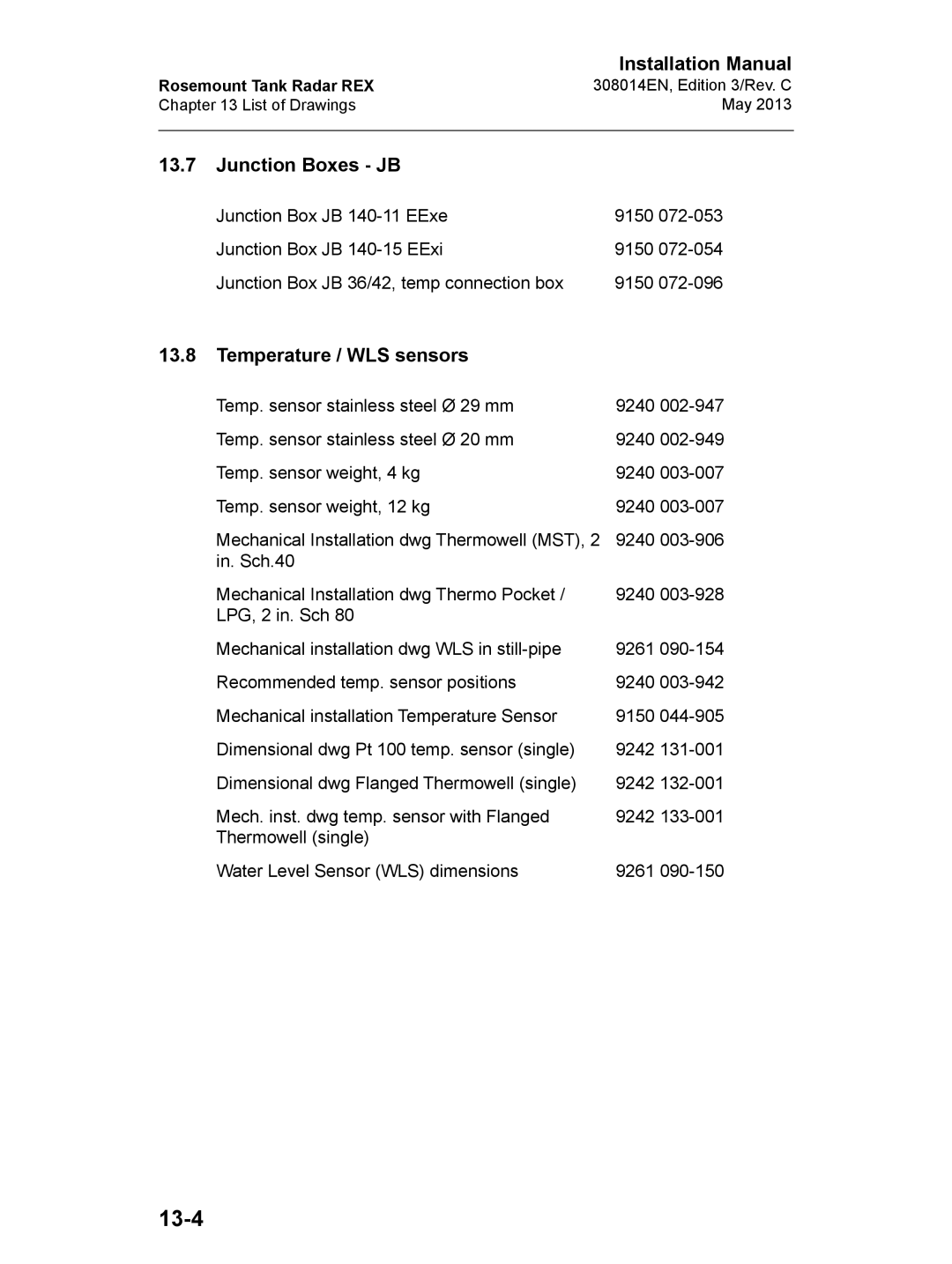 Emerson 308014EN, Edition 4 installation manual 13-4, Junction Boxes JB, Temperature / WLS sensors 