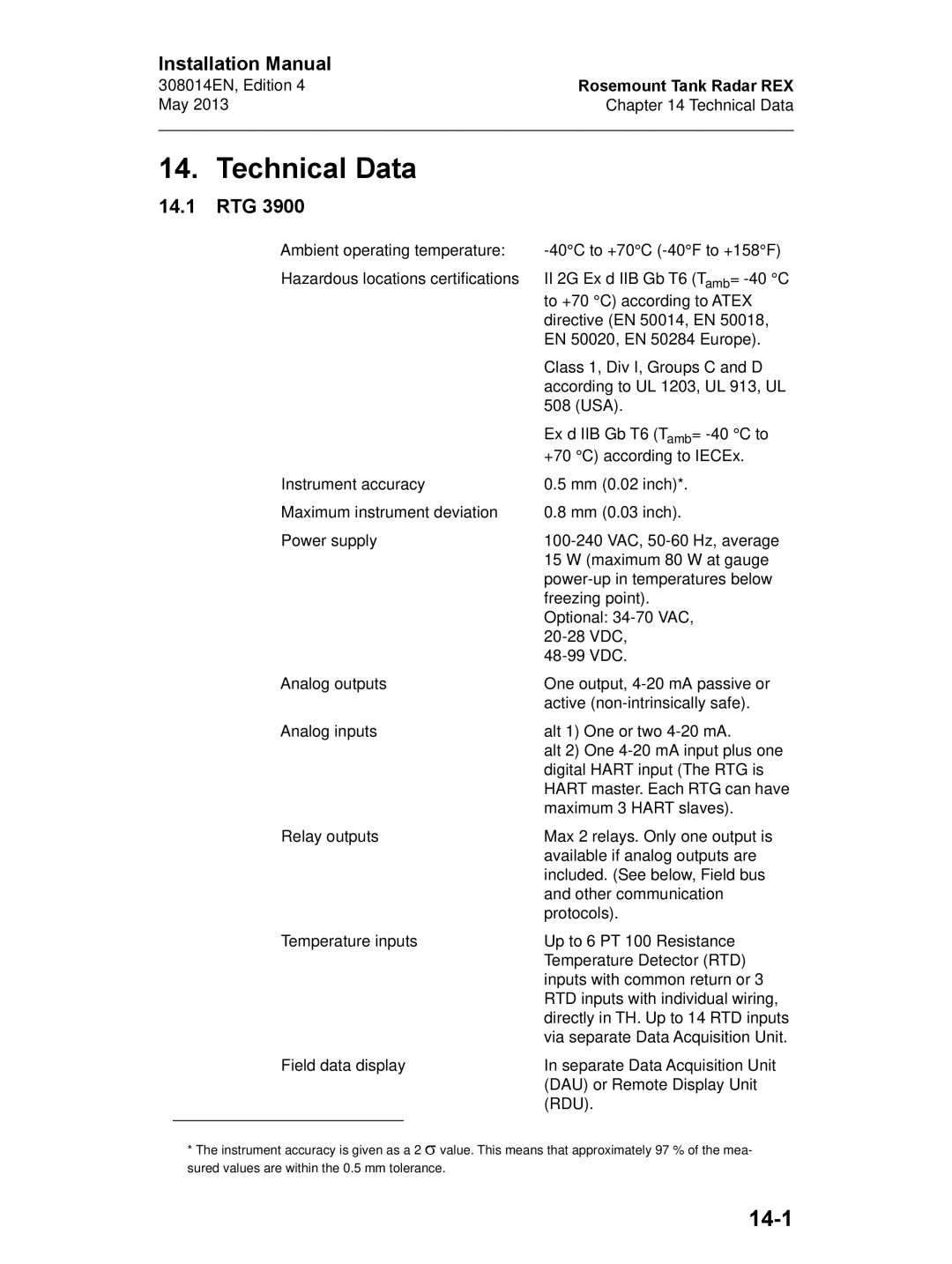 Emerson Edition 4, 308014EN installation manual Technical Data, 14-1, 14.1 RTG 