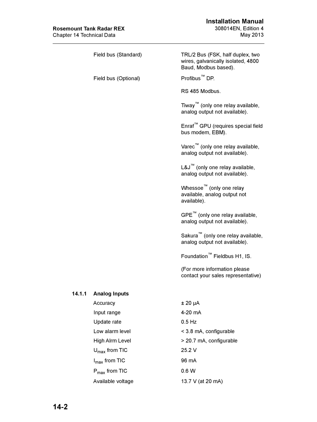 Emerson 308014EN, Edition 4 installation manual 14-2, Analog Inputs 