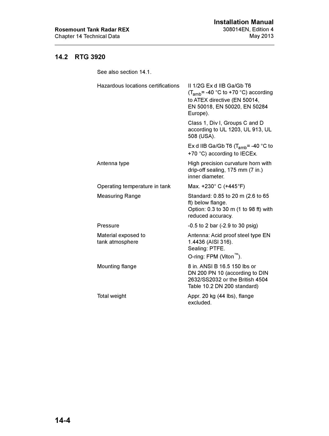 Emerson 308014EN, Edition 4 installation manual 14-4, 14.2 RTG 