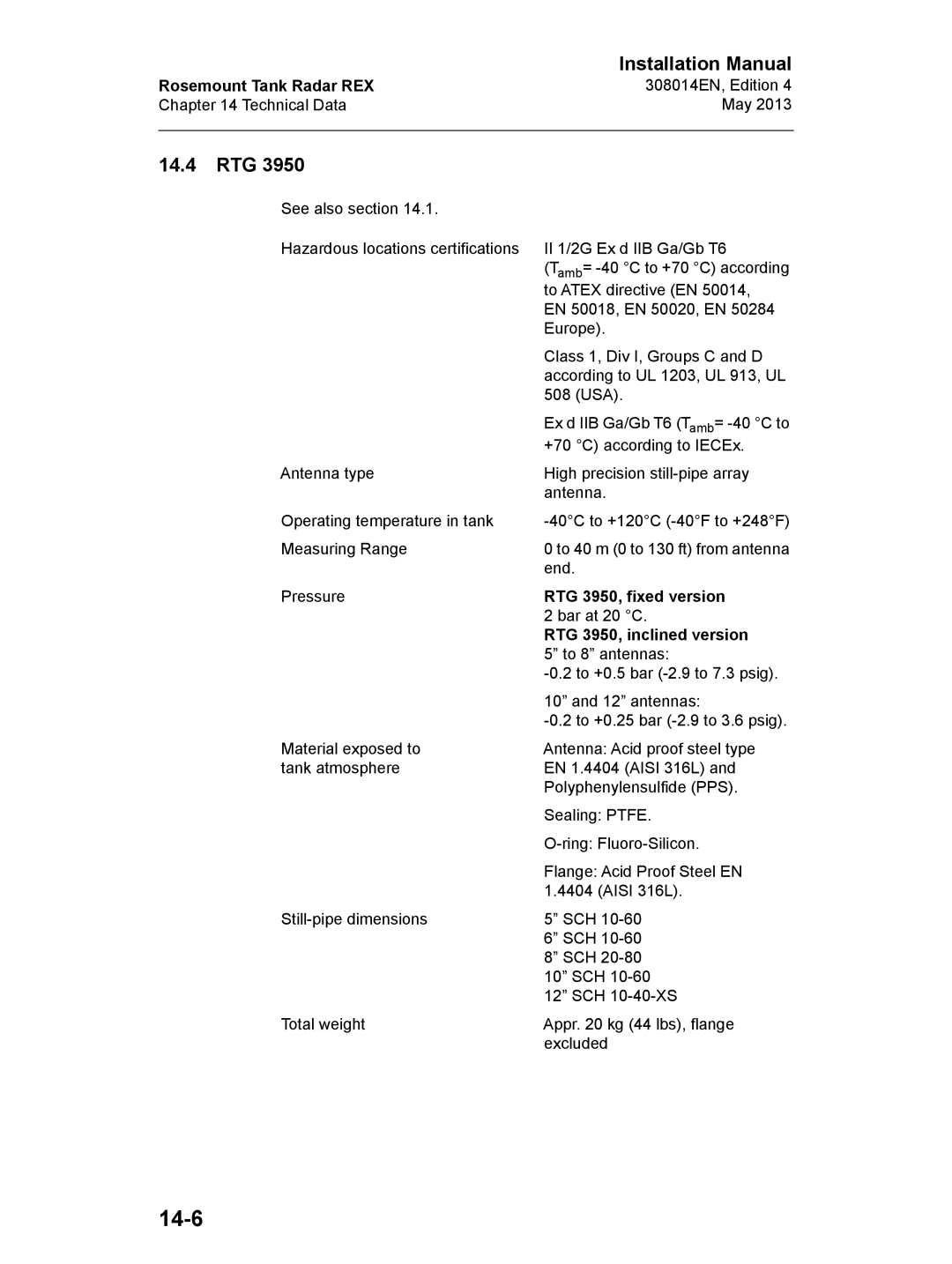 Emerson 308014EN, Edition 4 installation manual 14-6, 14.4 RTG 