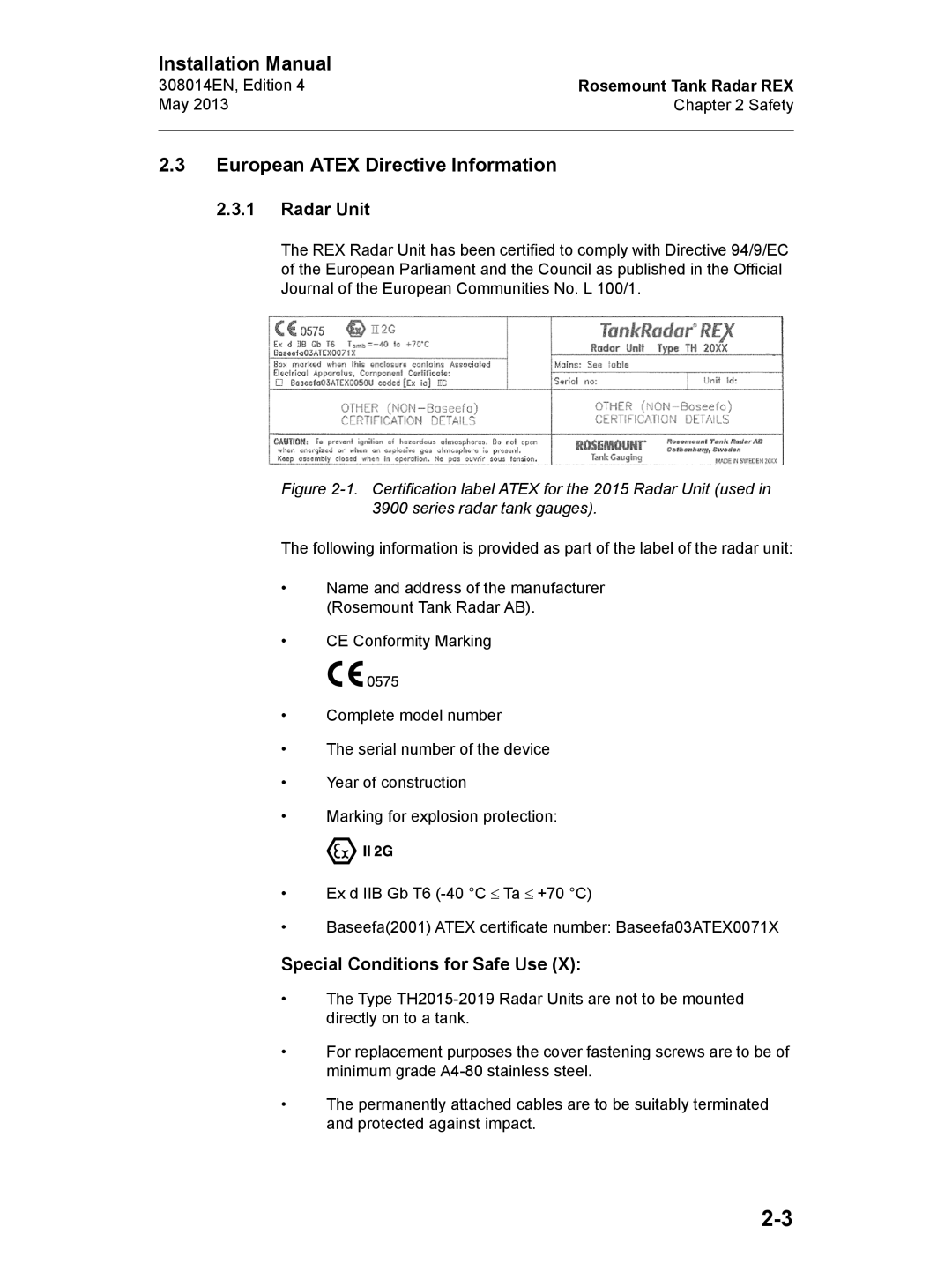 Emerson Edition 4, 308014EN European Atex Directive Information, Radar Unit, Special Conditions for Safe Use 