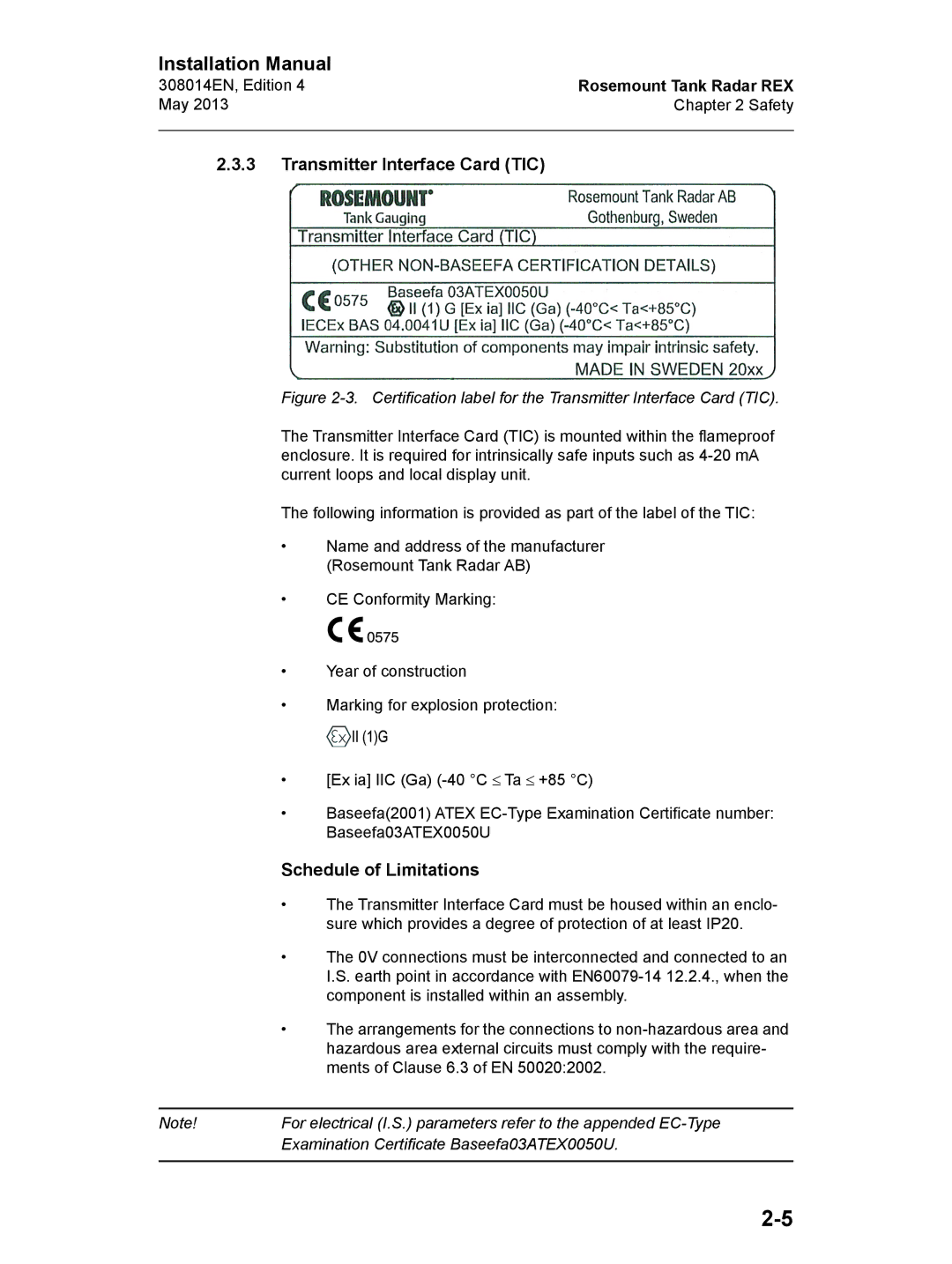 Emerson Edition 4, 308014EN installation manual Transmitter Interface Card TIC, Schedule of Limitations 