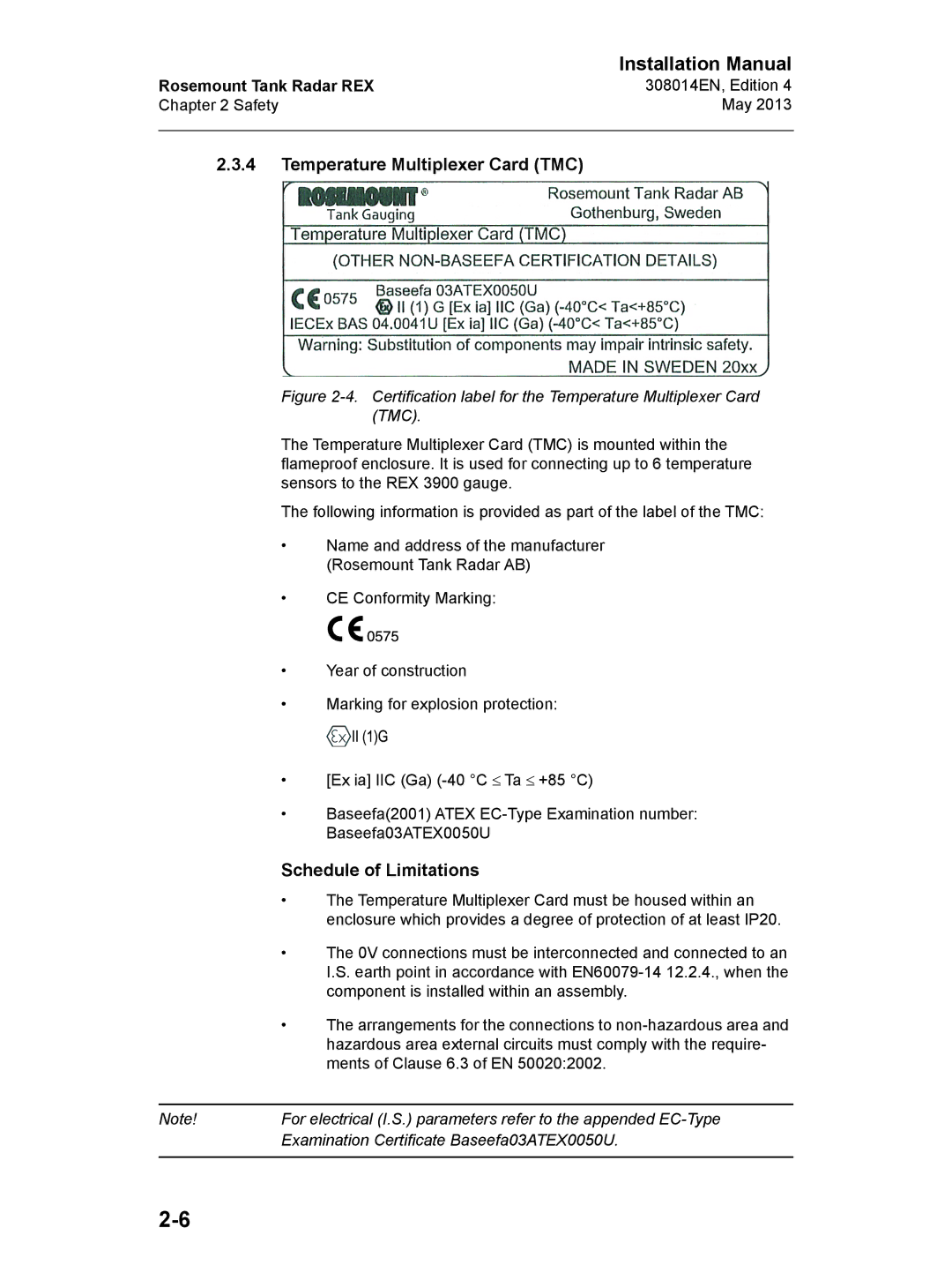 Emerson 308014EN, Edition 4 installation manual Certification label for the Temperature Multiplexer Card TMC 