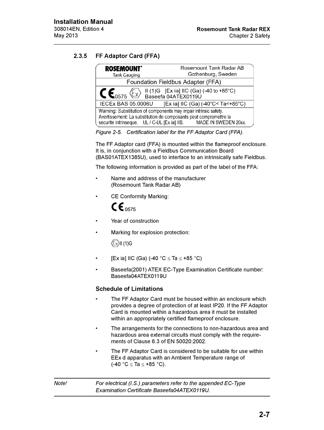 Emerson Edition 4, 308014EN installation manual Certification label for the FF Adaptor Card FFA 