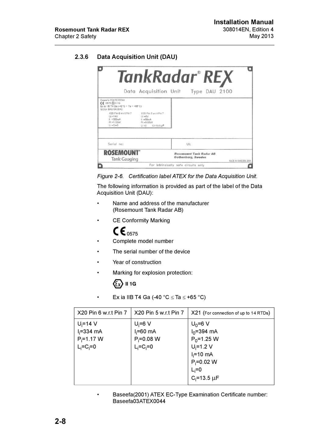 Emerson 308014EN, Edition 4 Data Acquisition Unit DAU, Certification label Atex for the Data Acquisition Unit 