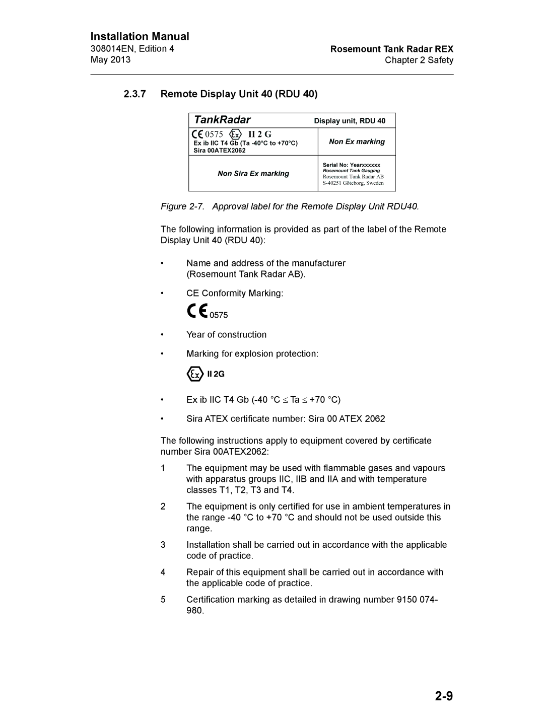 Emerson Edition 4, 308014EN installation manual Remote Display Unit 40 RDU, Approval label for the Remote Display Unit RDU40 