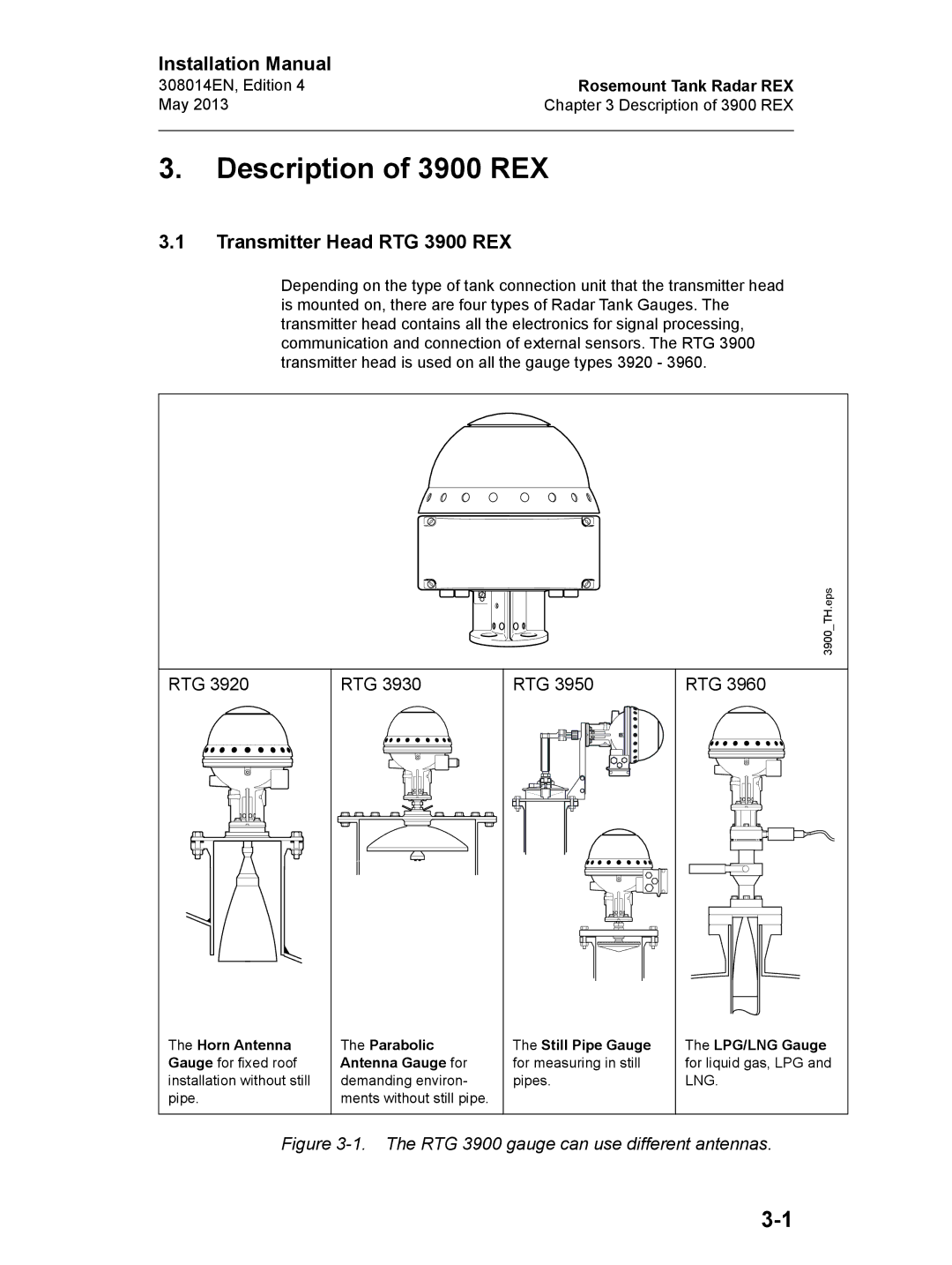 Emerson Edition 4, 308014EN installation manual Description of 3900 REX, Transmitter Head RTG 3900 REX 