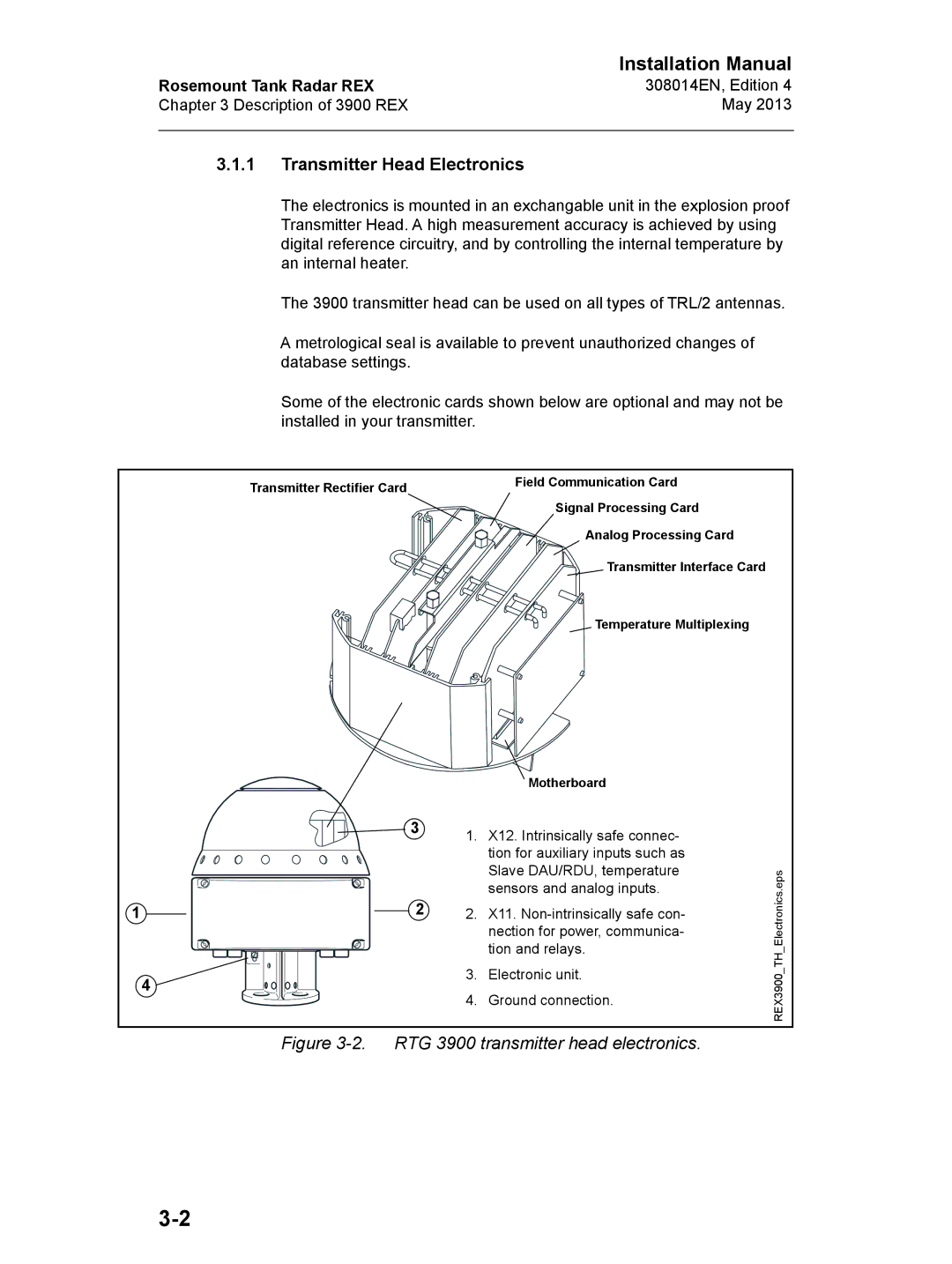 Emerson 308014EN, Edition 4 installation manual Transmitter Head Electronics, RTG 3900 transmitter head electronics 