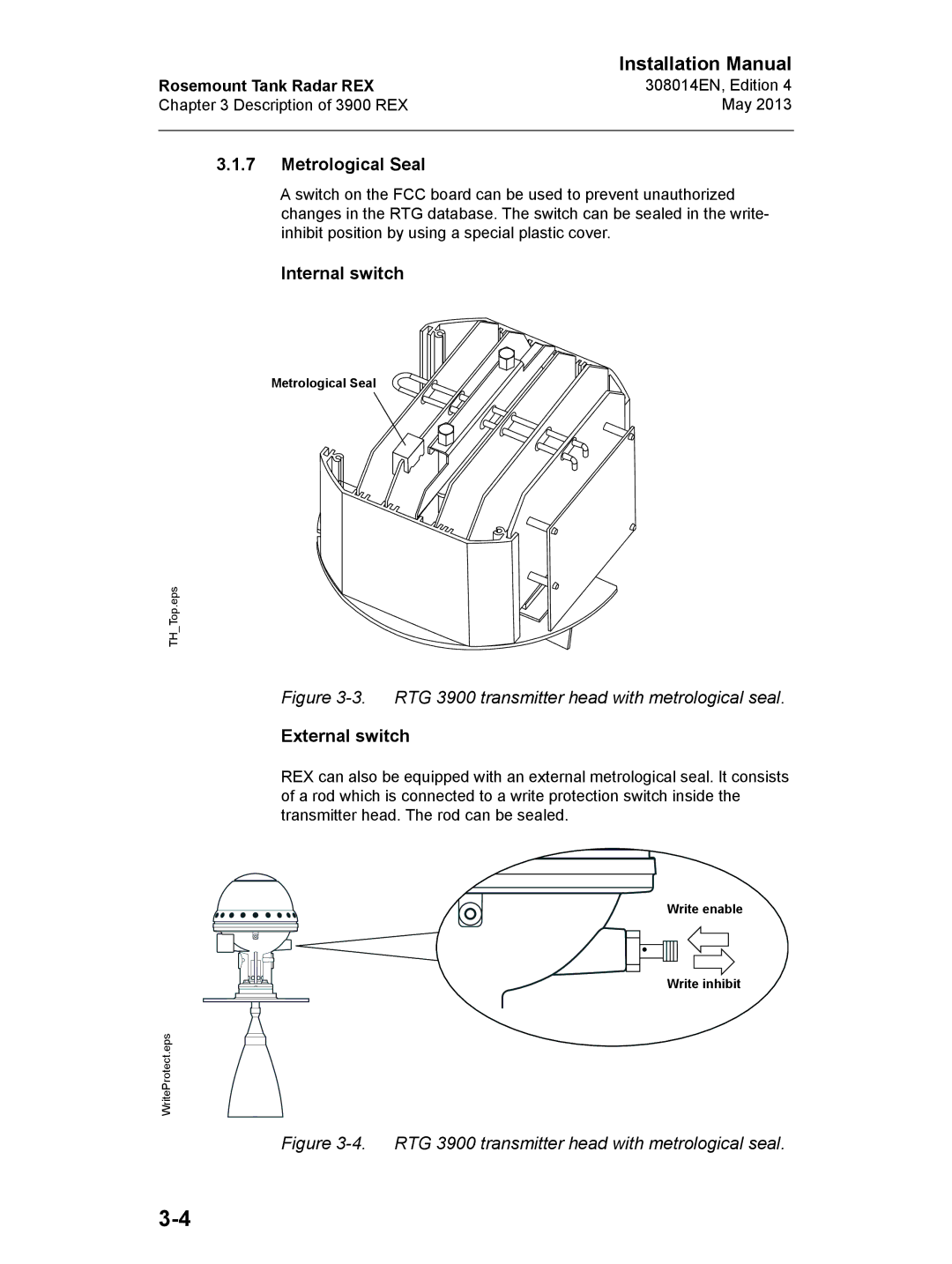 Emerson 308014EN, Edition 4 installation manual Metrological Seal, Internal switch, External switch 